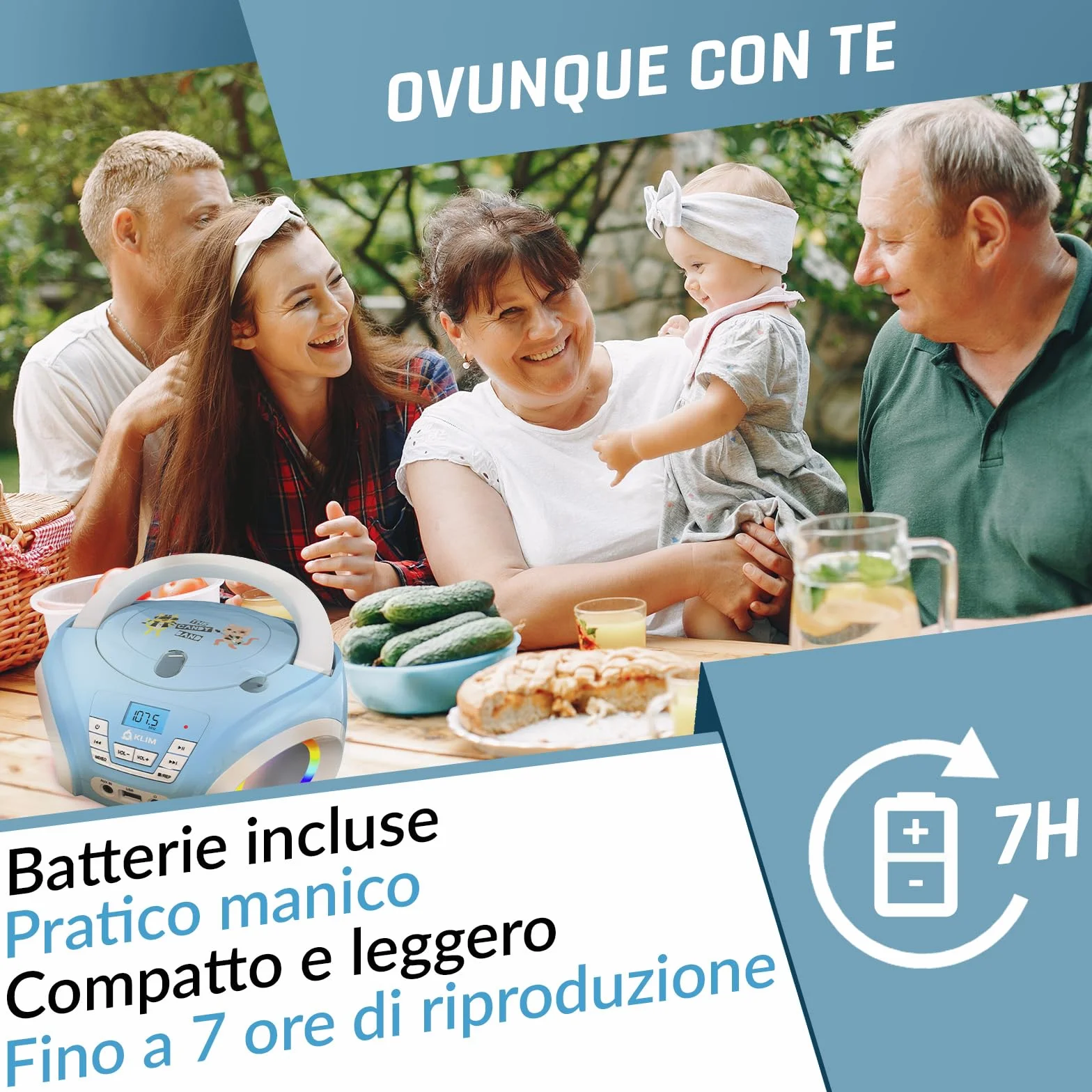 KLIM Candy Stereo per bambino NUOVO + Radio FM + Batterie incluse + Lettore CD Blu con altoparlanti e Radio + Regalo Perfetto