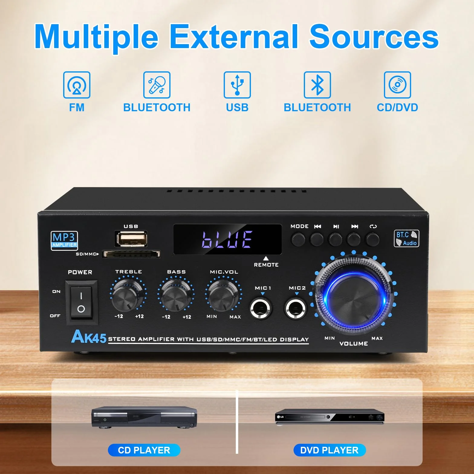 Romicta Amplificatore Audio, Amplificatore HiFi, Amplificatore stereo 600W 2 canali, Bluetooth 5.0, 12V 220V display LCD, Hi-Fi, radio FM portatile, Scheda SD Card/USB, per la casa o per l'auto