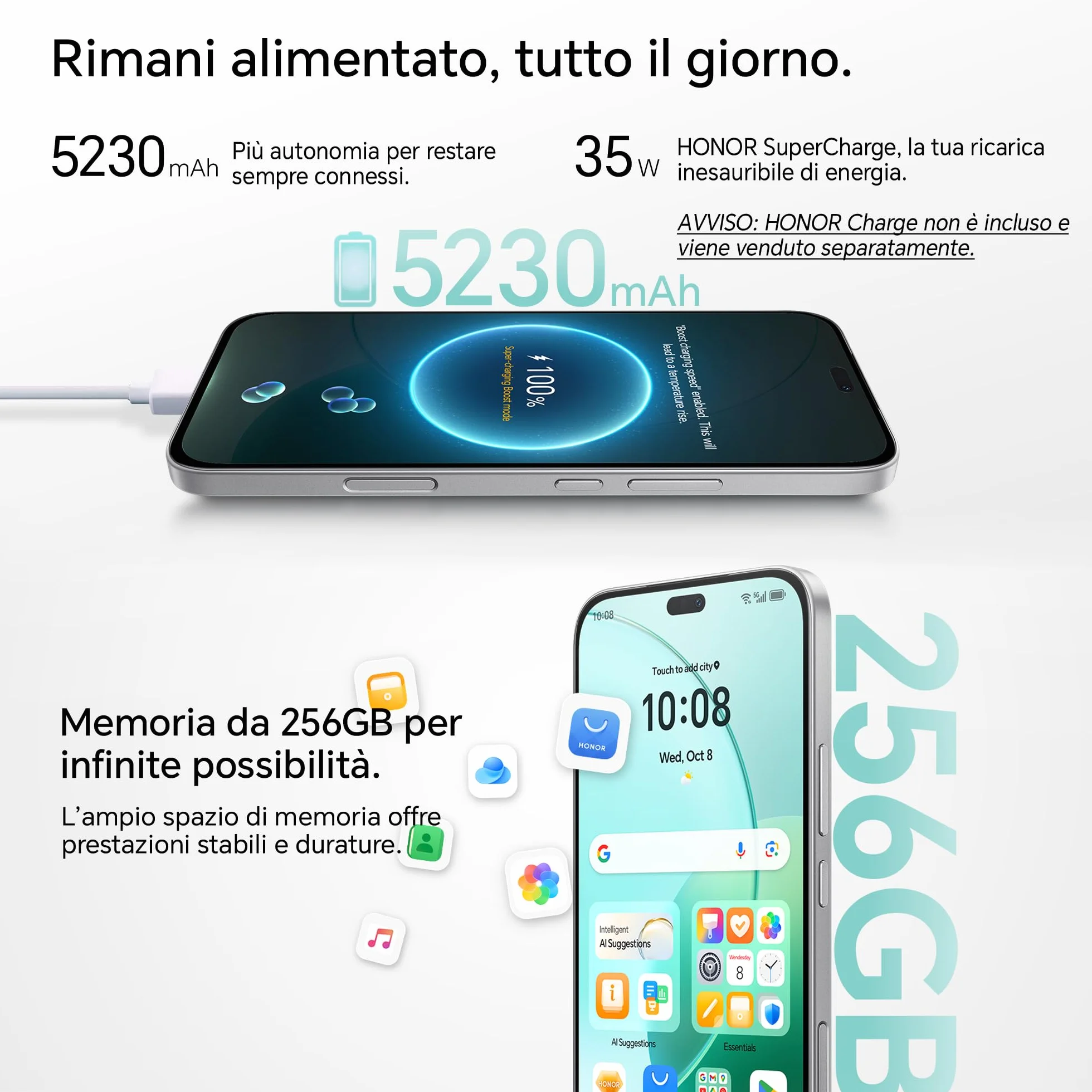 HONOR 400 Lite Smartphone 5G Dual SIM NFC, 8GB RAM 256GB Memoria, 108MP con pulsante AI telefono Android 15, 6.7 pollici AMOLED Eye-Care Display, 5230 mAh,IP64&SGS, Velvet Gray [Versione italiana]