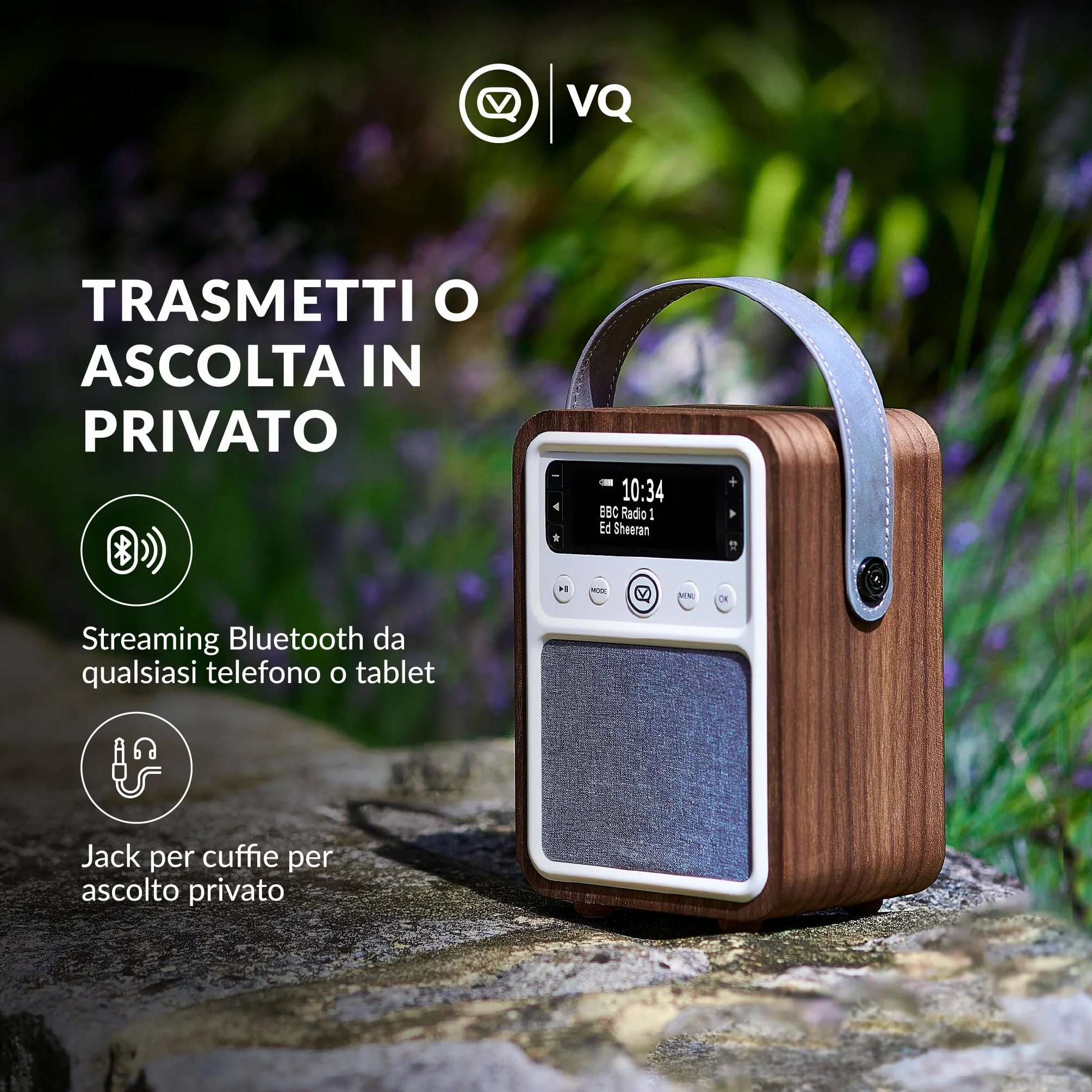 VQ Monty Radio DAB Plus/DAB con Cassa Bluetooth, FM e Radio Sveglia Funzione - Alimentata da Rete e Batteria Radio Portatile Vintage con Antenna, Presa Cuffie e Porta USB - Noce