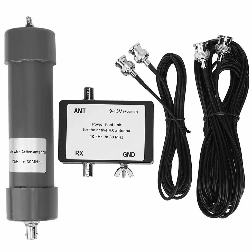 Antenna attiva mini frusta 10KHz-30MHz 9-15V HF LF VHF SDR RX con cavo coassiale BNC-BNC 8m + alimentatore