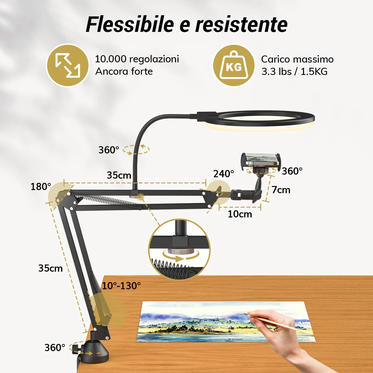 Kit luce anulare TONOR, luce anulare da 10" con braccio Heayy Duty e supporto per telefono, angolo regolabile, adatta per registrazione video, streaming live, disegno, trucco per unghie