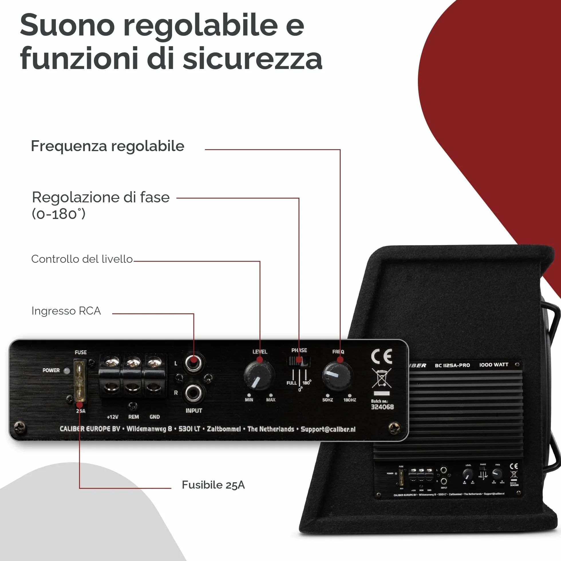 Caliber BC112SA-PRO - Set subwoofer attivo per auto, con amplificatore da 12", 500 W RMS, potenza di picco 1000 W, set di altoparlanti attivi per auto, colore: nero