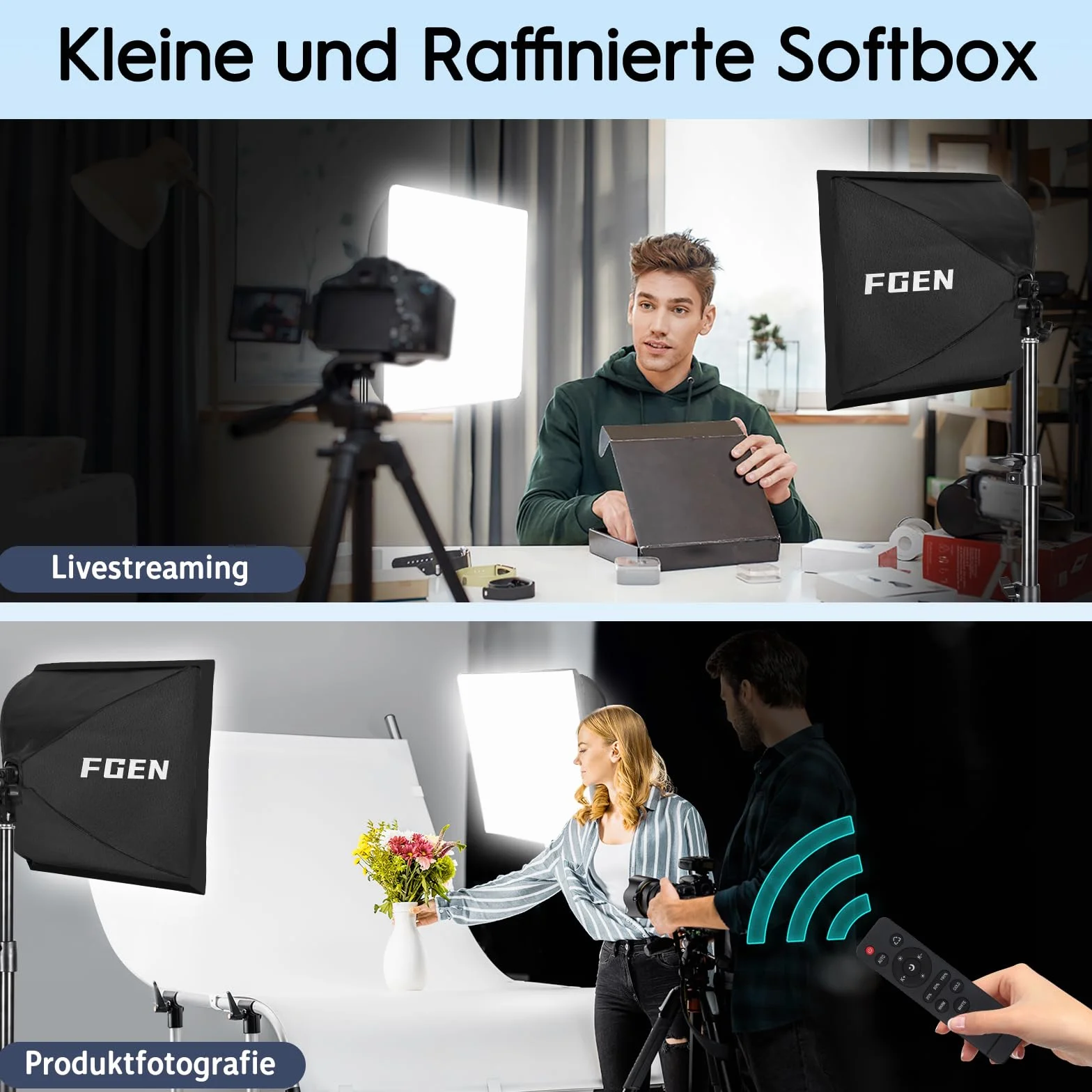 FGen Softbox Set,1x40x40cm Softbox lunghezza del cavo ottico 300cm con 85W 2700-6400K perline LED e regolabile 150cm Sostegno, riprese video e fotografia di prodotto