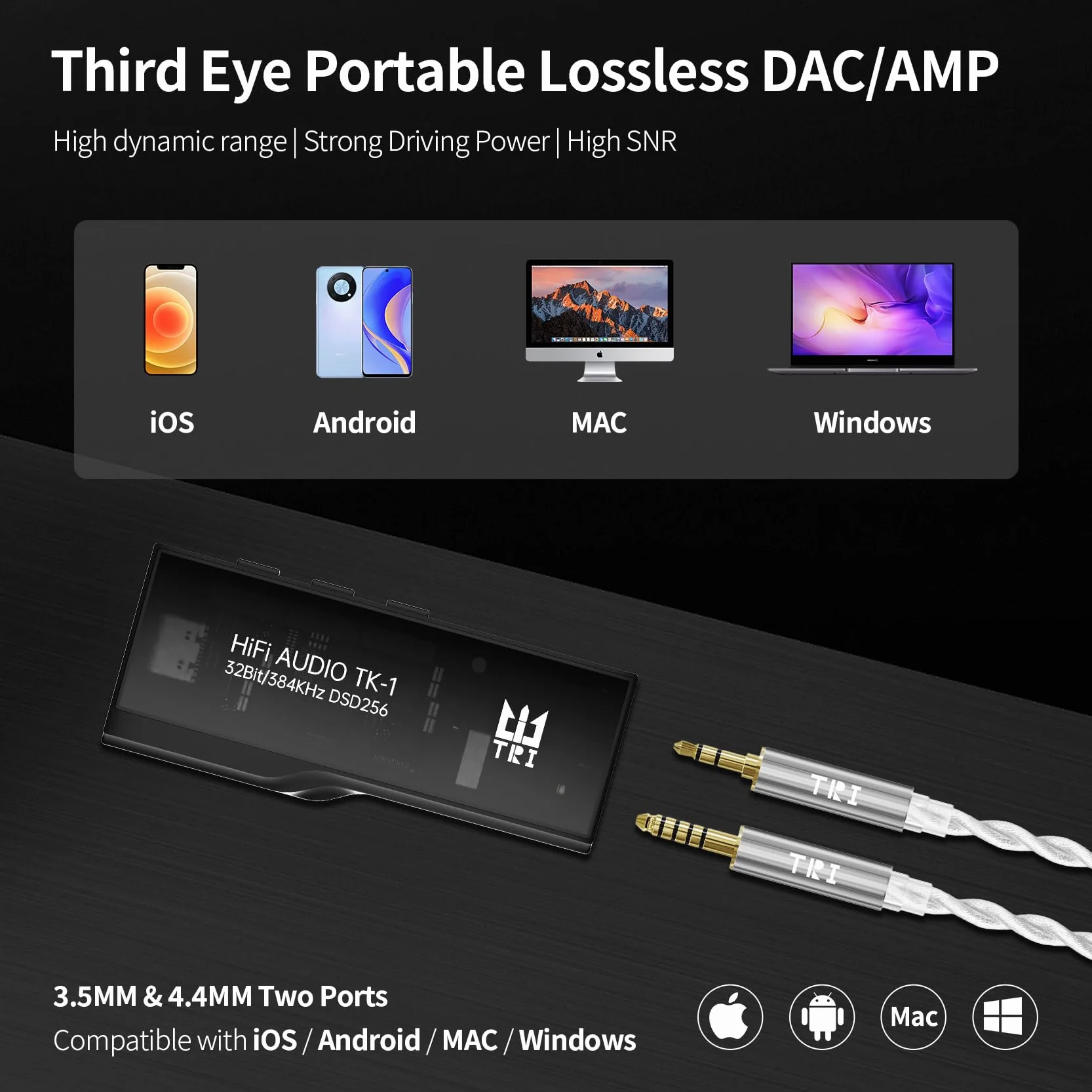 Yinyoo TRI TK1 Amplificatore per cuffie DAC Protable Dual CS43131 Chip 32Bit/384kHz DSD256 Dongle DAC per audio Hi-Fi con cavo adattatore USB-C a USB-C per jack per auricolari da 3,5 mm/4,4 mm