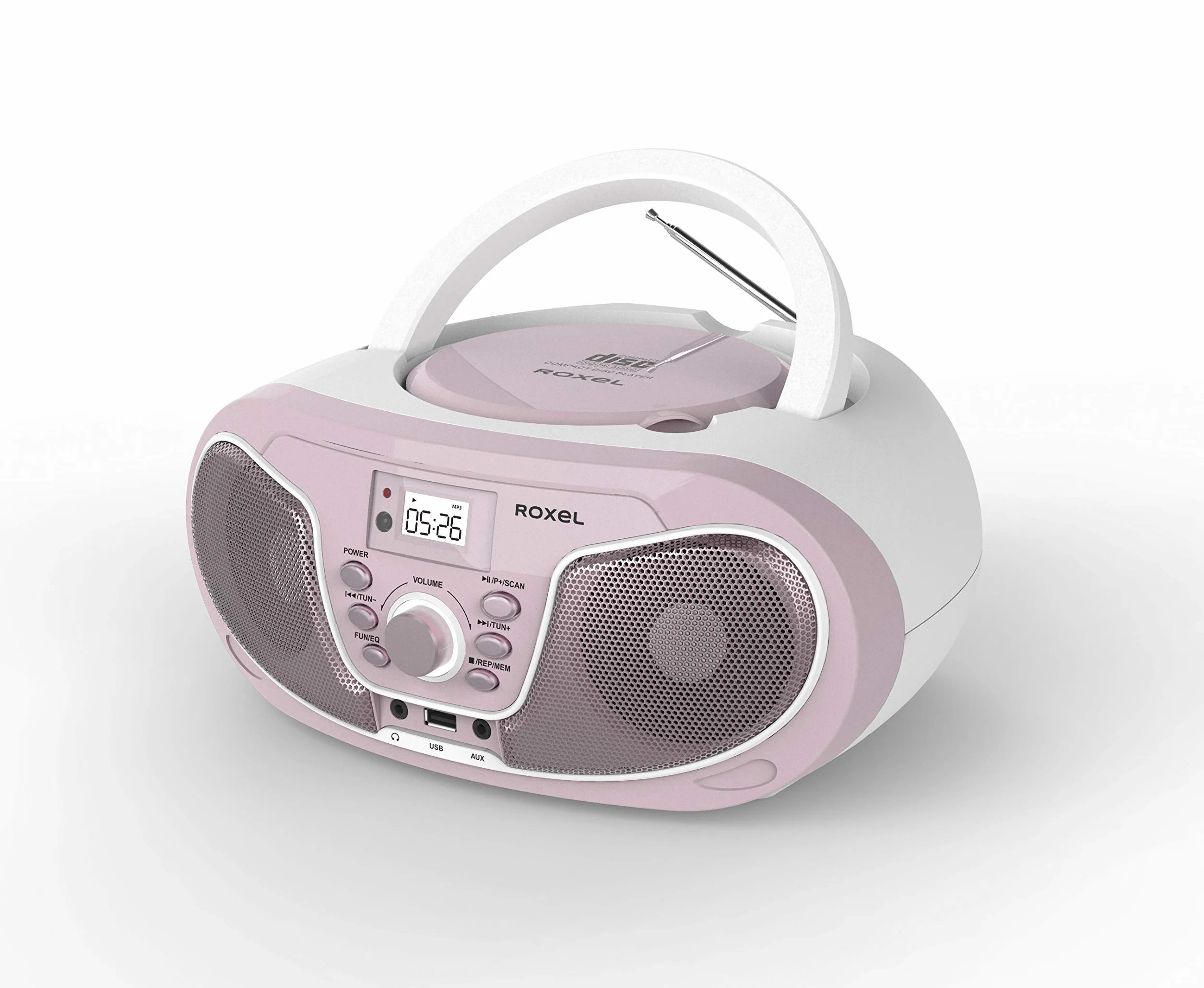 Roxel RCD-S70BT Boombox portatile lettore CD con telecomando, radio FM, riproduzione MP3 USB, ingresso AUX da 3,5 mm, jack per cuffie, display a LED, streaming musicale wireless (rosa)