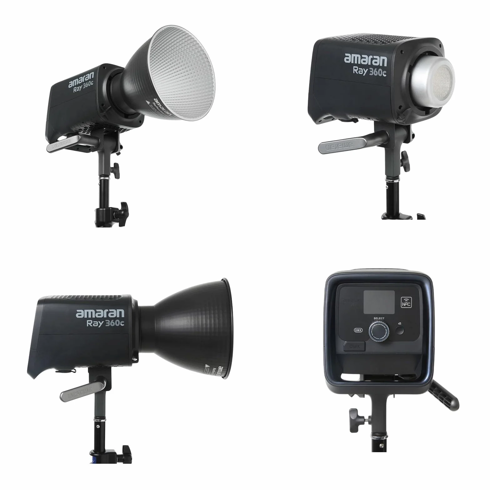Faro video Amaran Ray 360c RGBWW, illuminazione a luce continua da 360W con attacco Bowens, temperatura colore CCT 1.800K-20.000K, 17.130 Lux/1m, supporto per controllo tramite app/DMX.