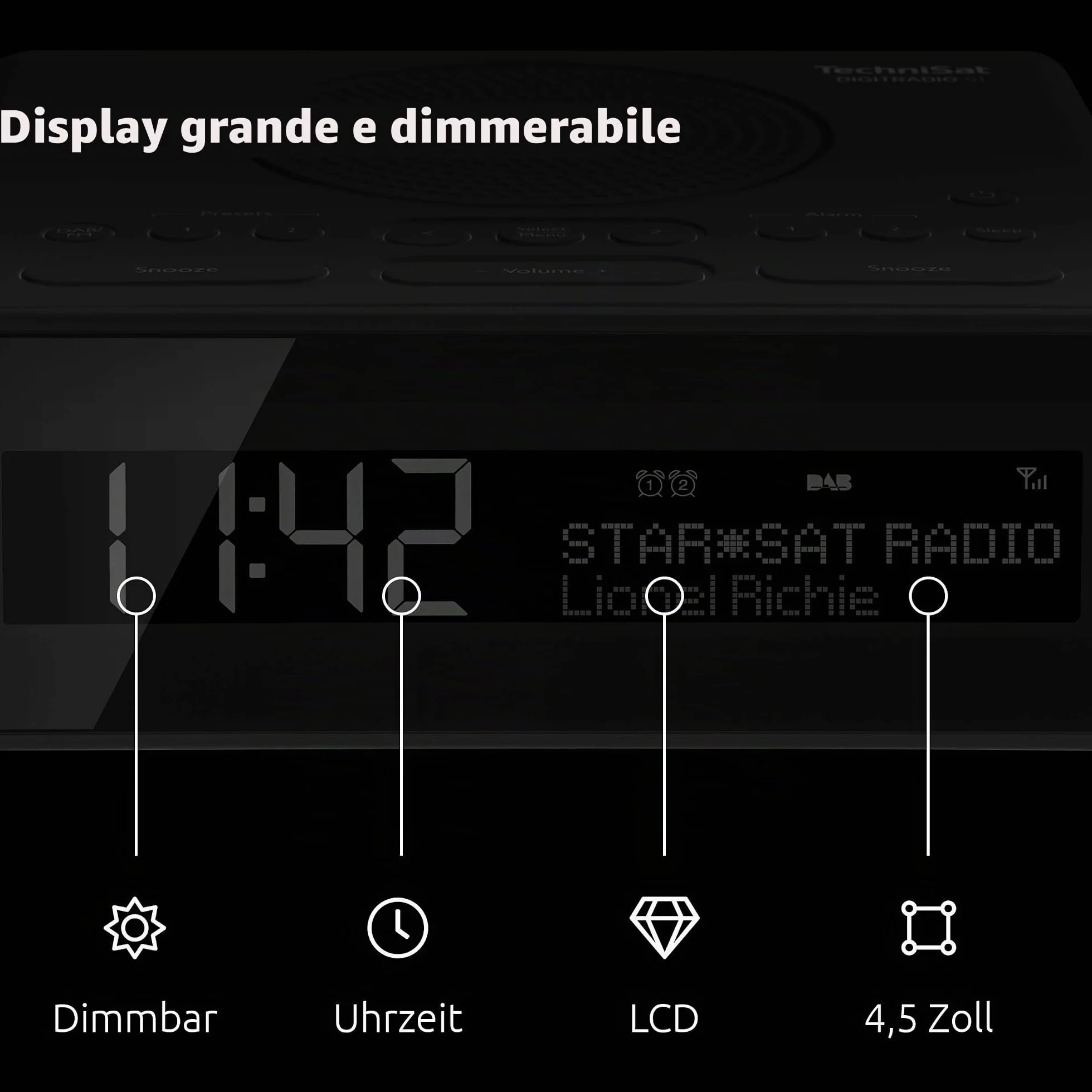 TechniSat DIGITRADIO 51 - Radiosveglia DAB+ (DAB, FM, Due orari di sveglia, Funzione posponi, Timer di spegnimento, Display dimmerabile, Ingresso per cuffie), Nero