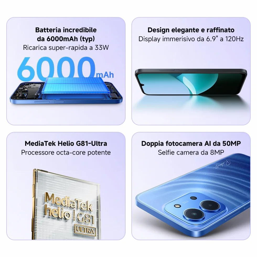 XIAOMI Redmi 15C, Garanzia 2 anni, Smartphone 4+256GB, Display 6,9" 120Hz, 7,99mm, MediaTek Helio G81-Ultra, Dual camera da 50MP, Mega batteria da 6000mAh, Nero, Caricabatterie non incluso