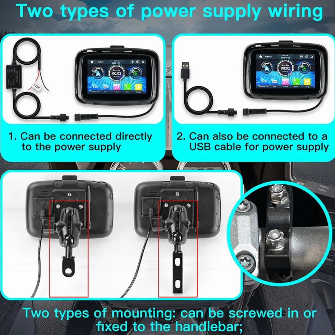 PolarLander Monitor per Moto Portatile 5'' IPS Impermeabile IPx6 Compatibile con Wireless Apple Carplay e Android Auto Dual Bluetooth