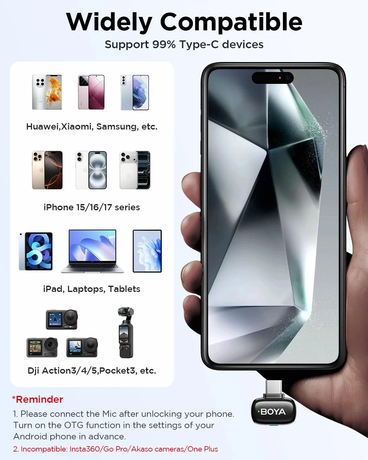 BOYA Mini 2 Microfono Wireless iPhone e Android, Microfono Lavalier Wireless per video social, 48kHz/24Bit, 100m di Portata, 30 Ore di Batteria, Cancellazione Del Rumore AI, TikTok