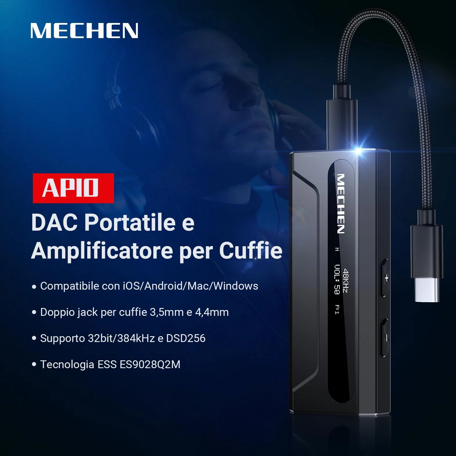 MECHEN AP10 Amplificatore per Cuffie DAC con ES9028Q2M & ES9603Q, Supporta 384kHz/DSD256, Doppie Uscite 3,5mm+4,4mm, per Smartphone/PC/Laptop/Player
