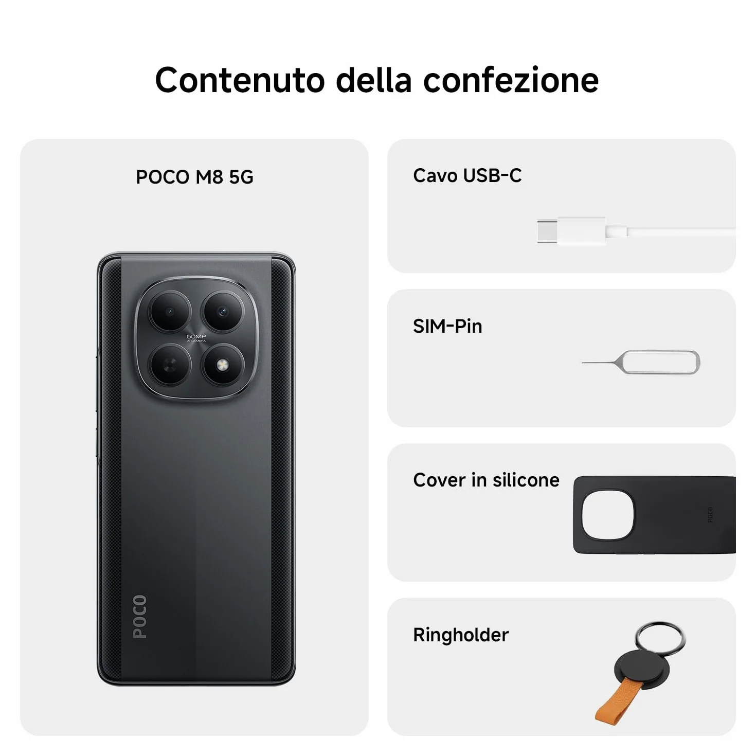 XIAOMI POCO M8 5G, Smartphone 8+256GB, Display AMOLED FIoW 6,77" 120Hz, Snapdragon® 6 Gen 3, Doppia fotocamera AI 50MP, Design curvo 3D da 7,35 mm, Nero, Garanzia 2 anni, Caricatore non incluso