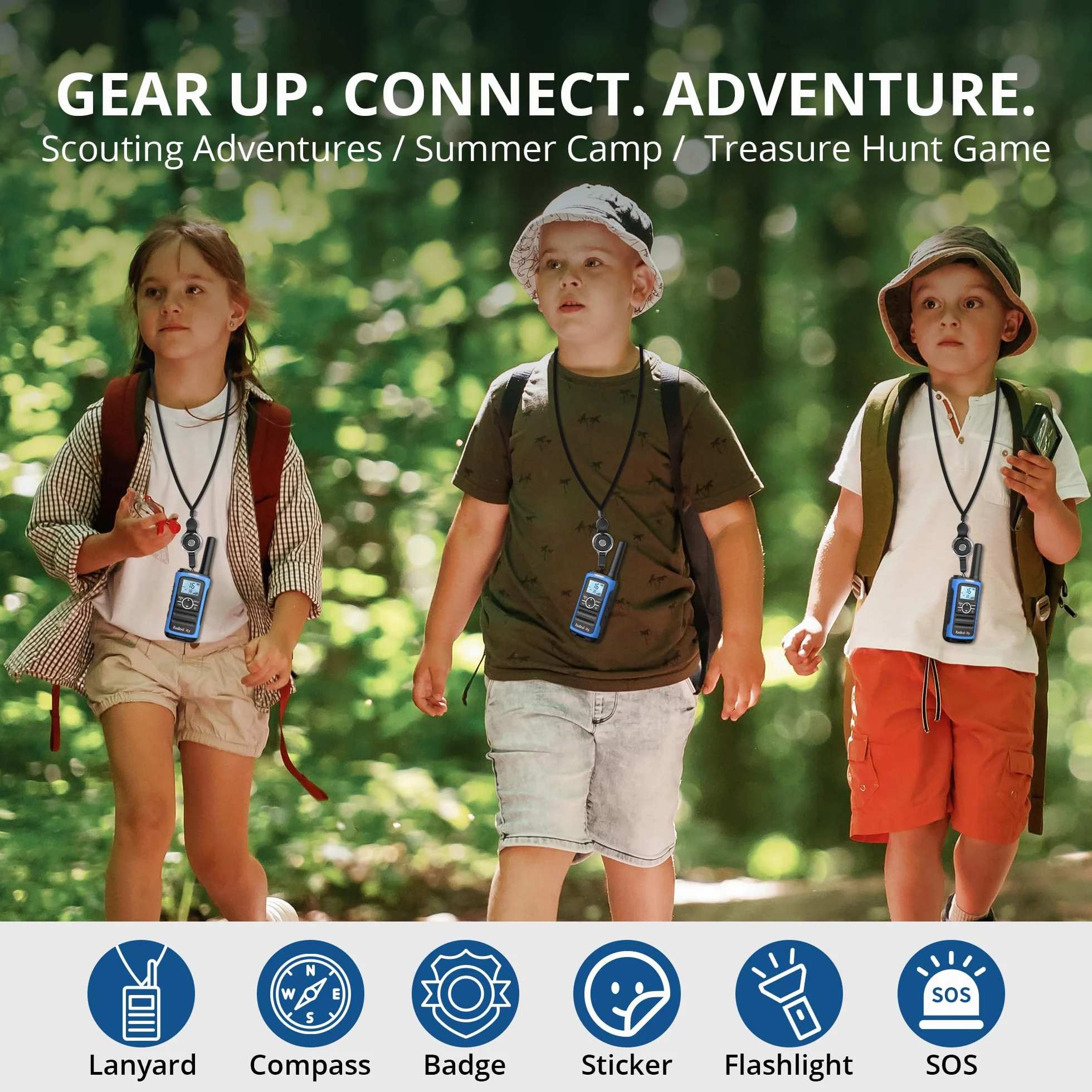 Radioddity PR-T8 Walkie Talkie per bambini, radio PMR446 ricaricabile a lungo raggio con chiamata di gruppo, batteria da 2000 mAh, ricarica USB-C, per escursionismo e campeggio, confezione da 3 pezzi