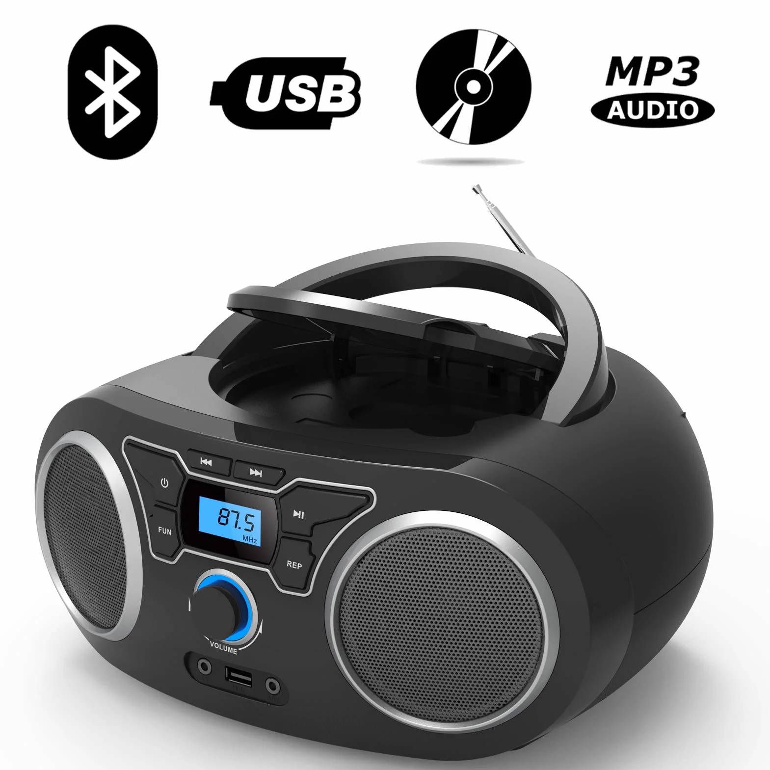 WISCENT Lettore CD Boombox Portatile - Stereo con Radio FM, Ingresso Bluetooth, USB, AUX, Uscita Auricolari, Audio Domestico Compatto, AC o Alimentato a Batteria