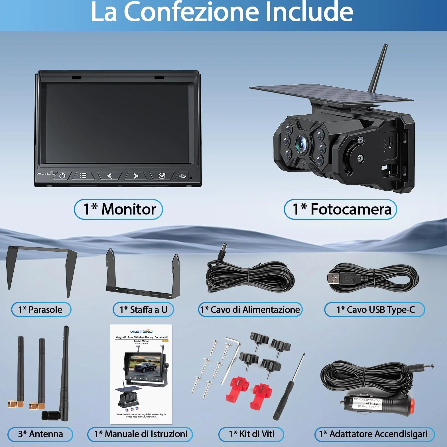 Retrocamera Auto Wireless Solare, Magnetica Telecamera Retromarcia con 10000mAh Batteria Ricaricabile, 7 Pollici 1080P Monitor, 170° Grand Angolare, per Camion, Auto, Roulotte(VS-7A)