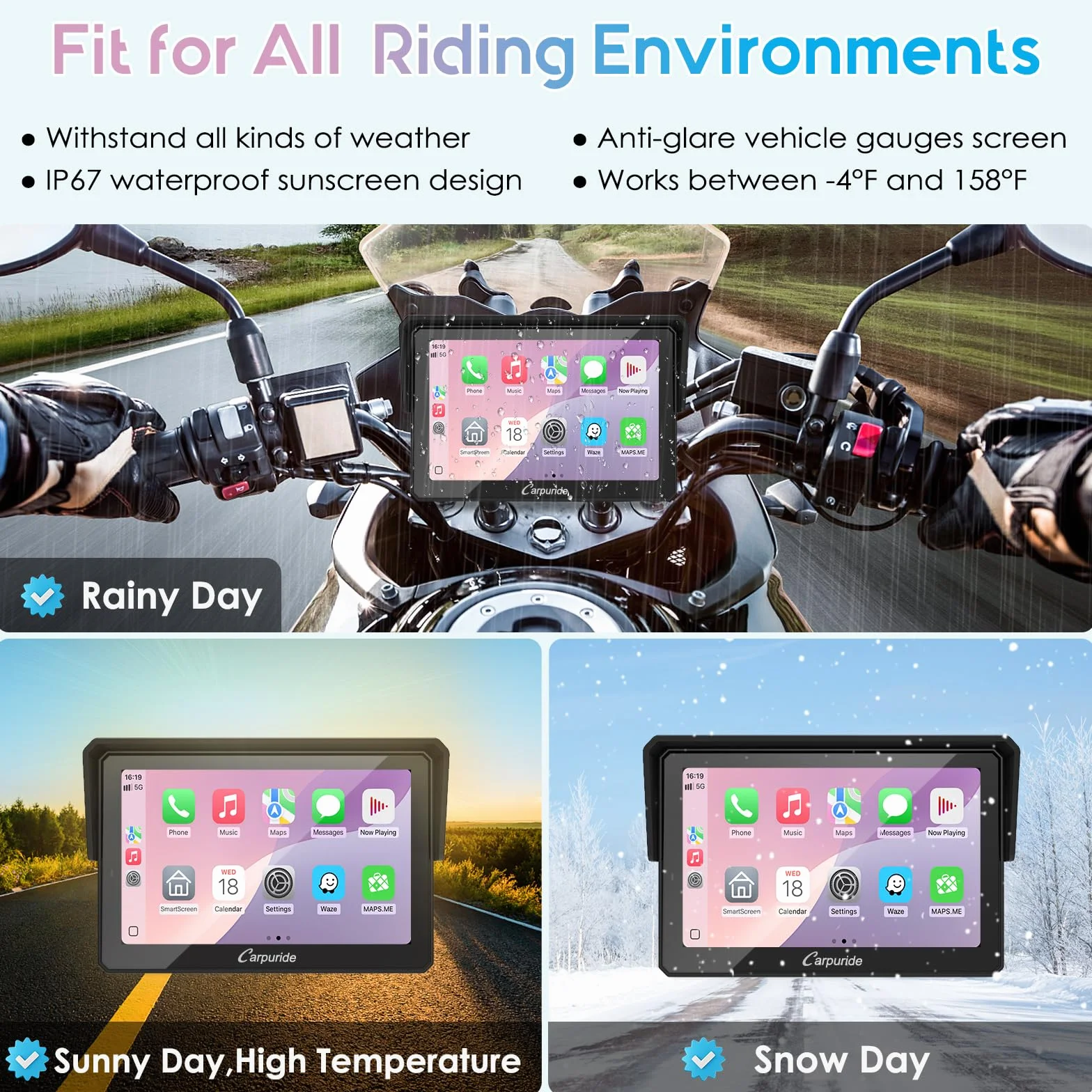 Carpuride W502PRO per CarPlay per Moto e Android Auto e Doppio Bluetooth - Navigazione GPS Impermeabile da 5 pollici per Moto, Condivisione di Musica, Interfono, EQ, Sensore di Luce, Bussola, Barometr