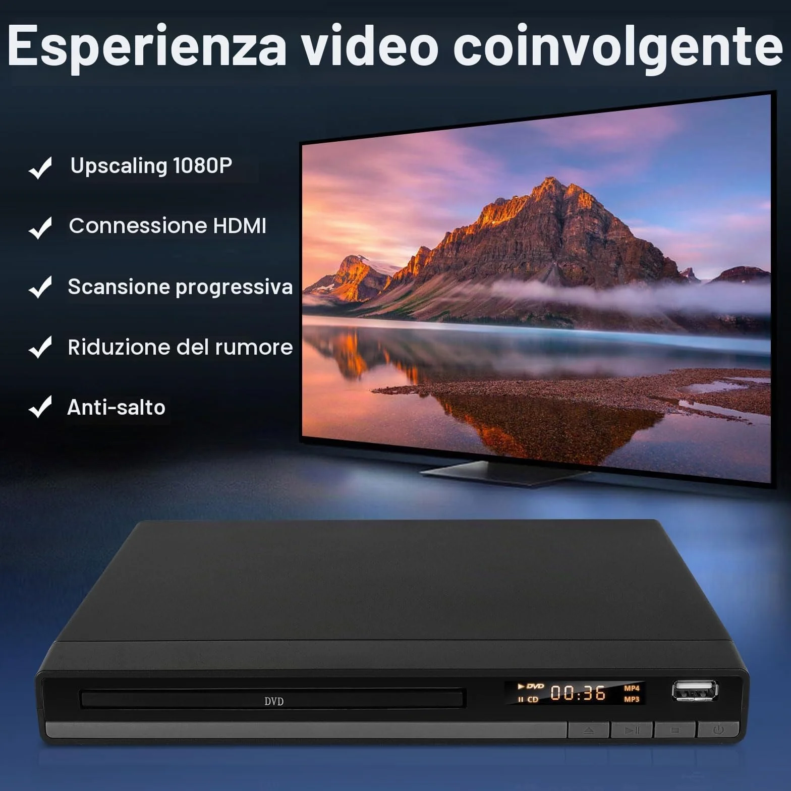 Lettore DVD HD con Porta HDMI per Smart TV | CD MP3 con Ingresso USB | Cavo HDMI e RCA Incluso | Perfetto per i Film per Famiglie (DVD-168)