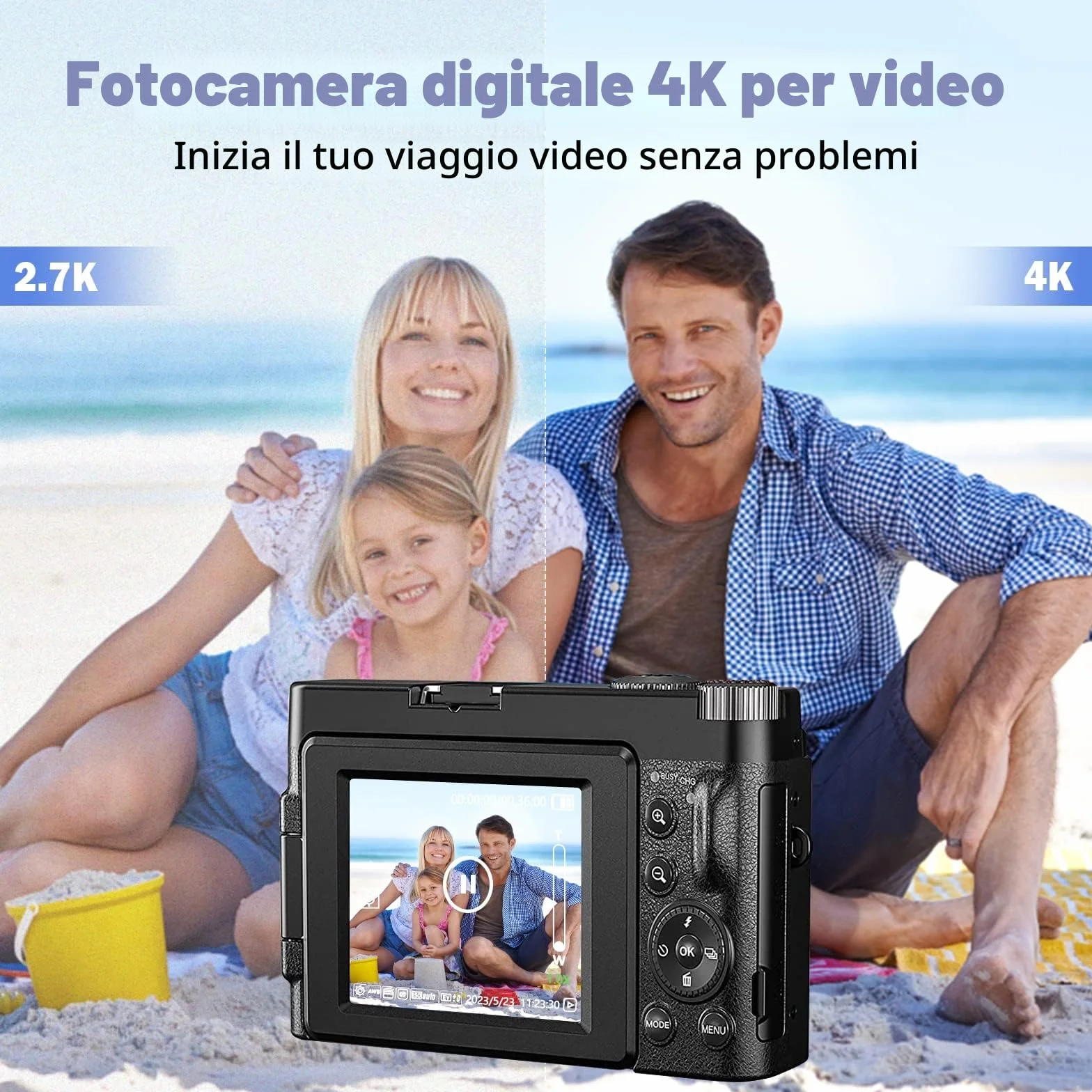 CCN Fotocamera Digitale 4K 48MP, Fotocamera con schermo 3.0" ribaltabile a 180°, fotocamera compatta con zoom digitale 16X, obiettivo grandangolare e obiettivo macro, scheda TF da 64GB, WiFi, nero