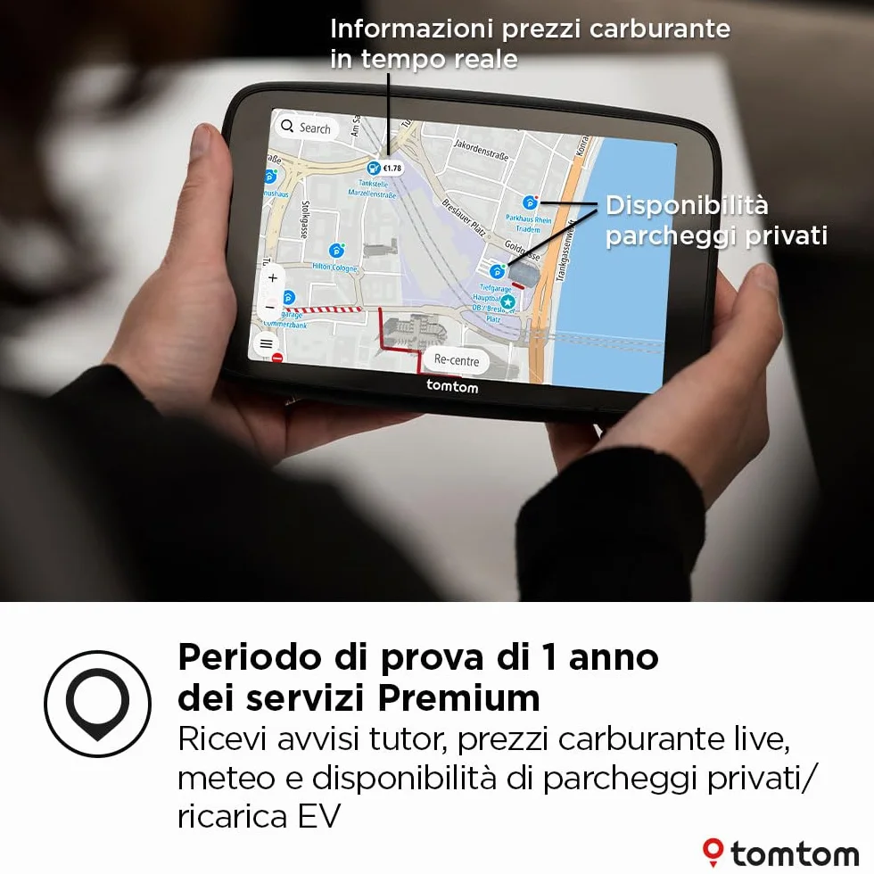 TomTom Navigatore per auto GO Navigator (schermo extra large da 7", traffico in tempo reale, 12 mesi di avvisi autovelox, mappe europee, aggiornamenti Wi-Fi, servizi Premium, supporto Click-and-drive)