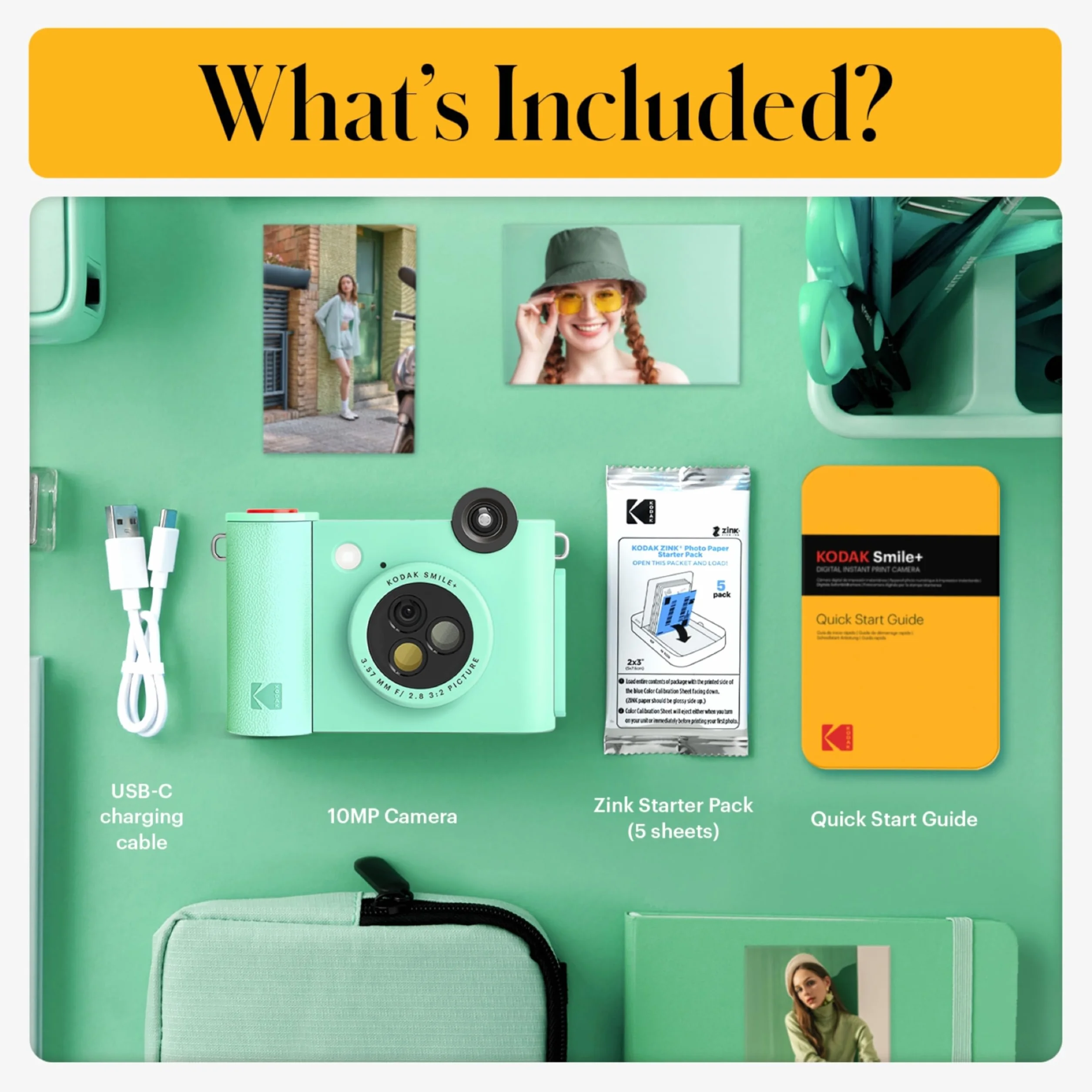 KODAK Smile+ 2-in-1 Fotocamera & Stampante Foto Bluetooth - Pacchetto Iniziale + Custodia Morbida + Carta Zink 20pz - 10MP - Verde