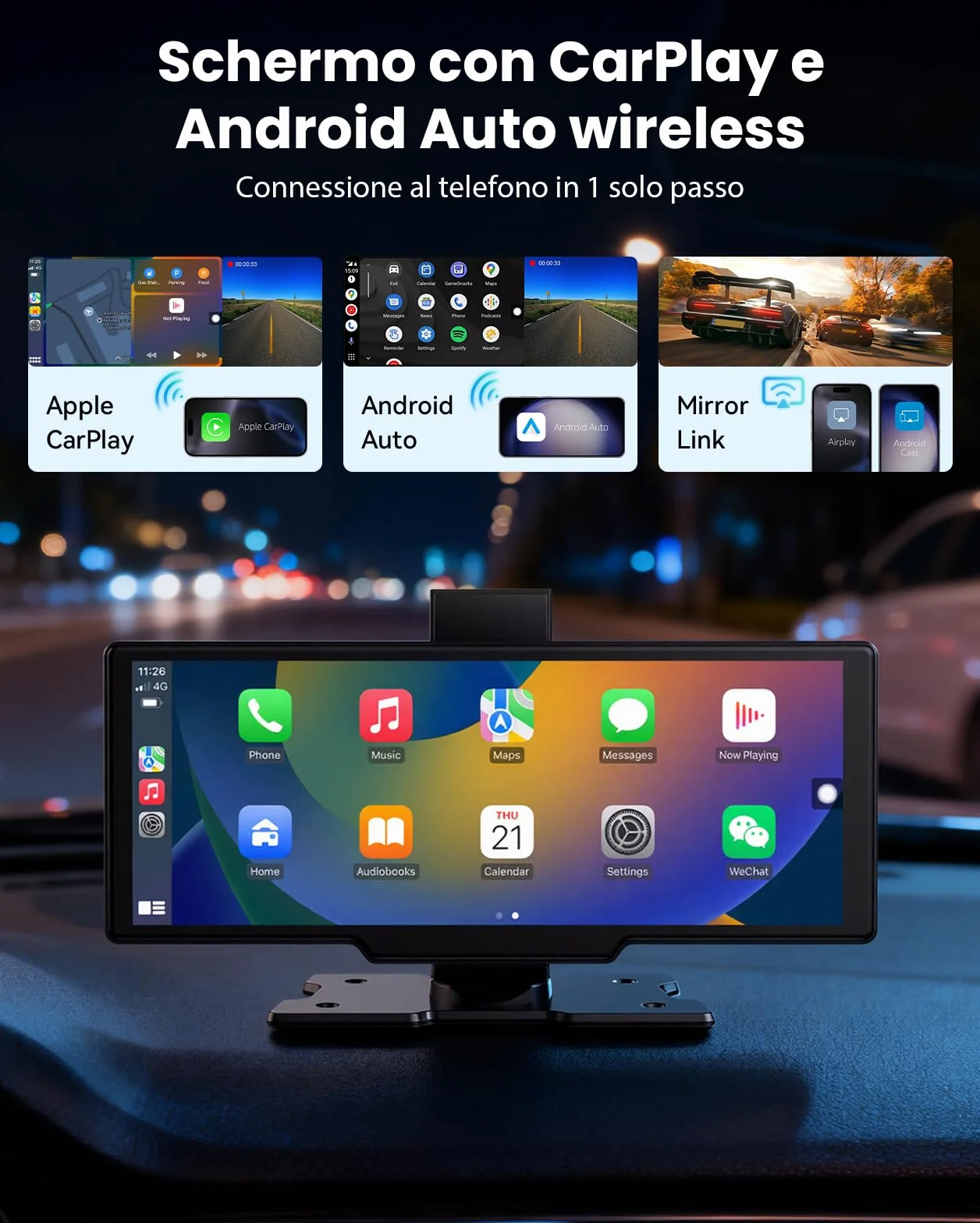 Schermo per Auto 10,26", Schermo Carplay Portatile Wireless per A-pple CarPlay & Android Auto con Tablet Auto Touchscreen IPS, GPS, Controllo Vocale, Bluetooth, Mirror Link, FM, AUX