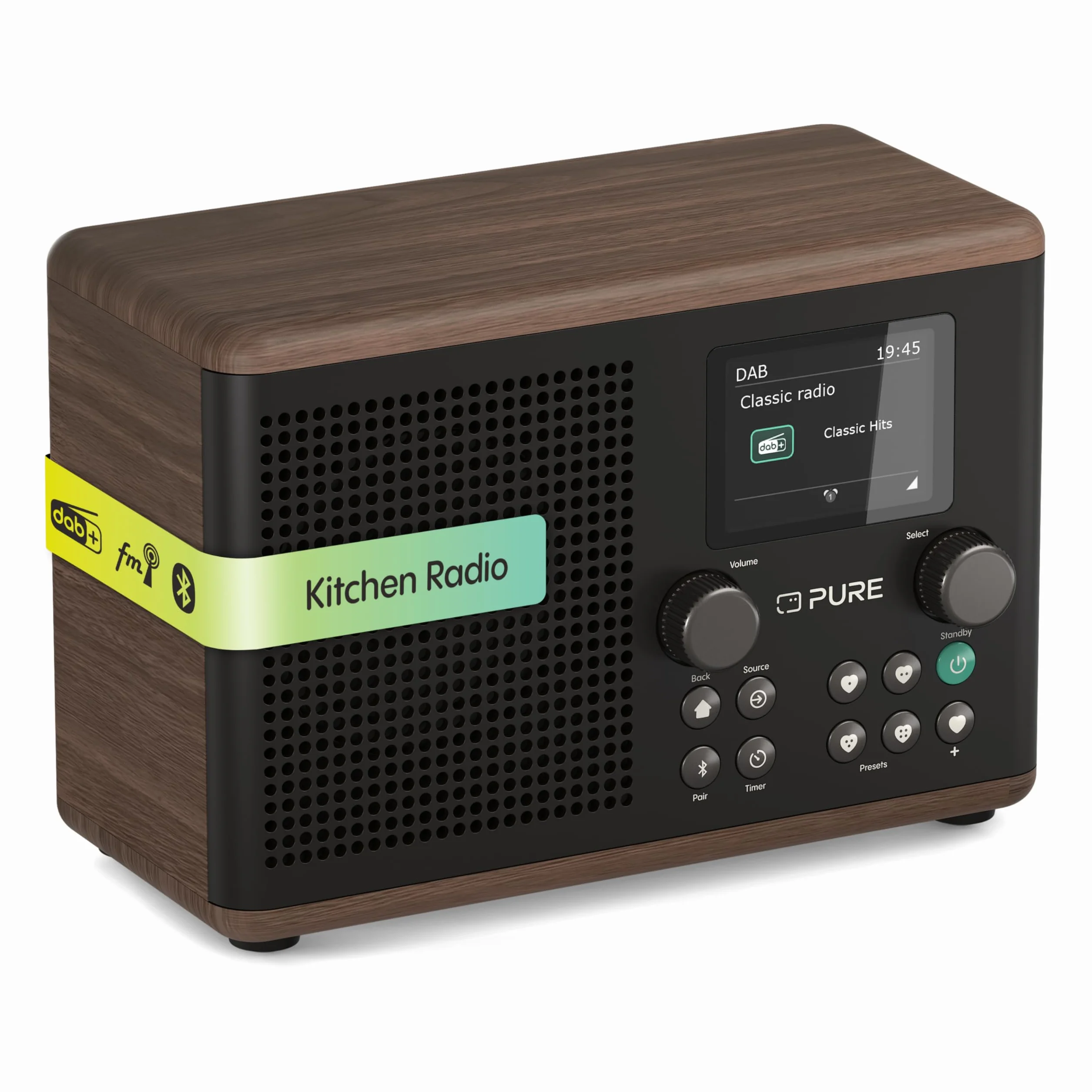 Pure Classic H4 Radio da Cucina Digitale DAB+ FM Bluetooth USB AUX Timer Sveglia Caffè Nero Noce
