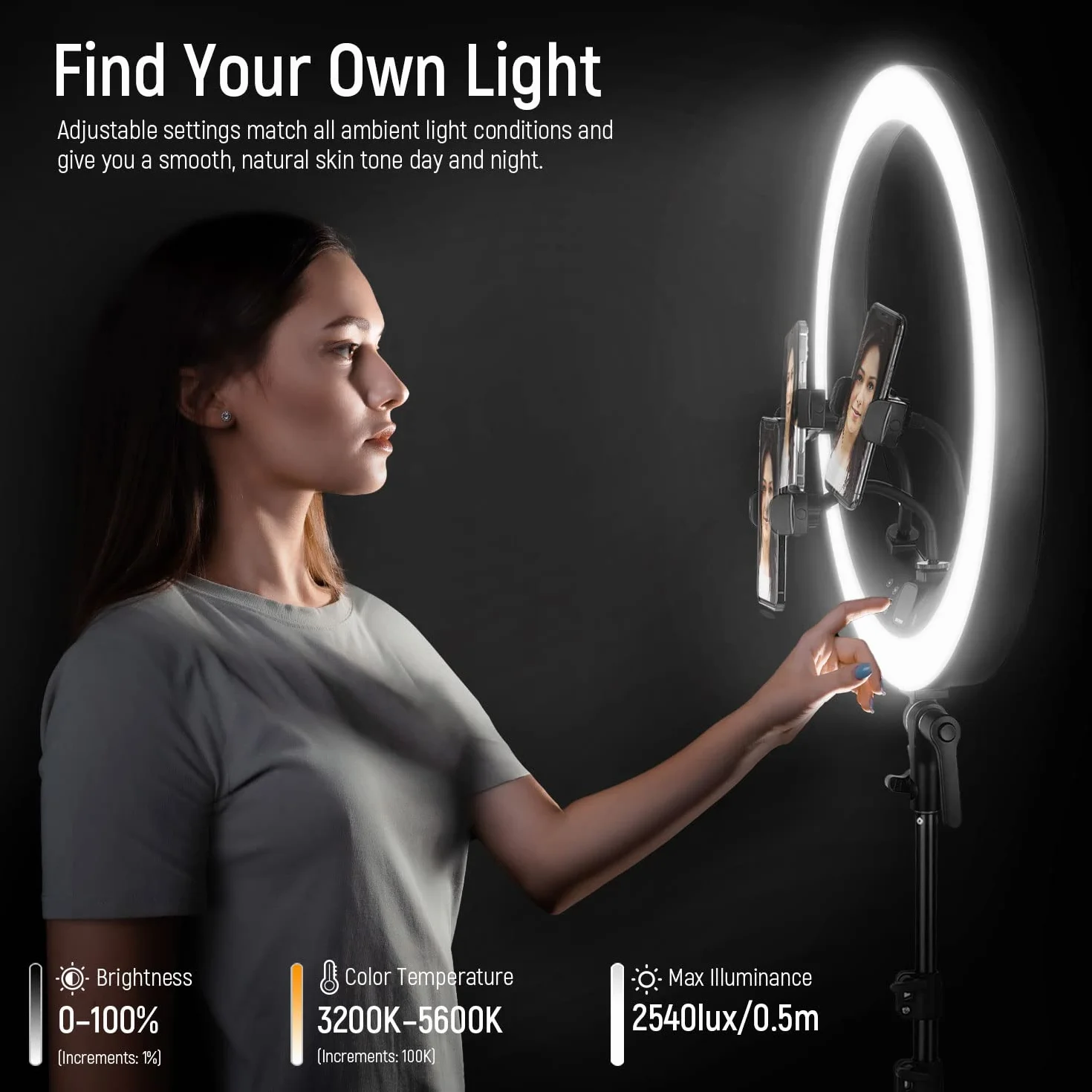 NEEWER Ring Light RP19H 19" 42W CRI97+ 2540lux, Stativo e Portatelefono, Controllo 2.4G Touch, Illuminazione Streaming Zoom