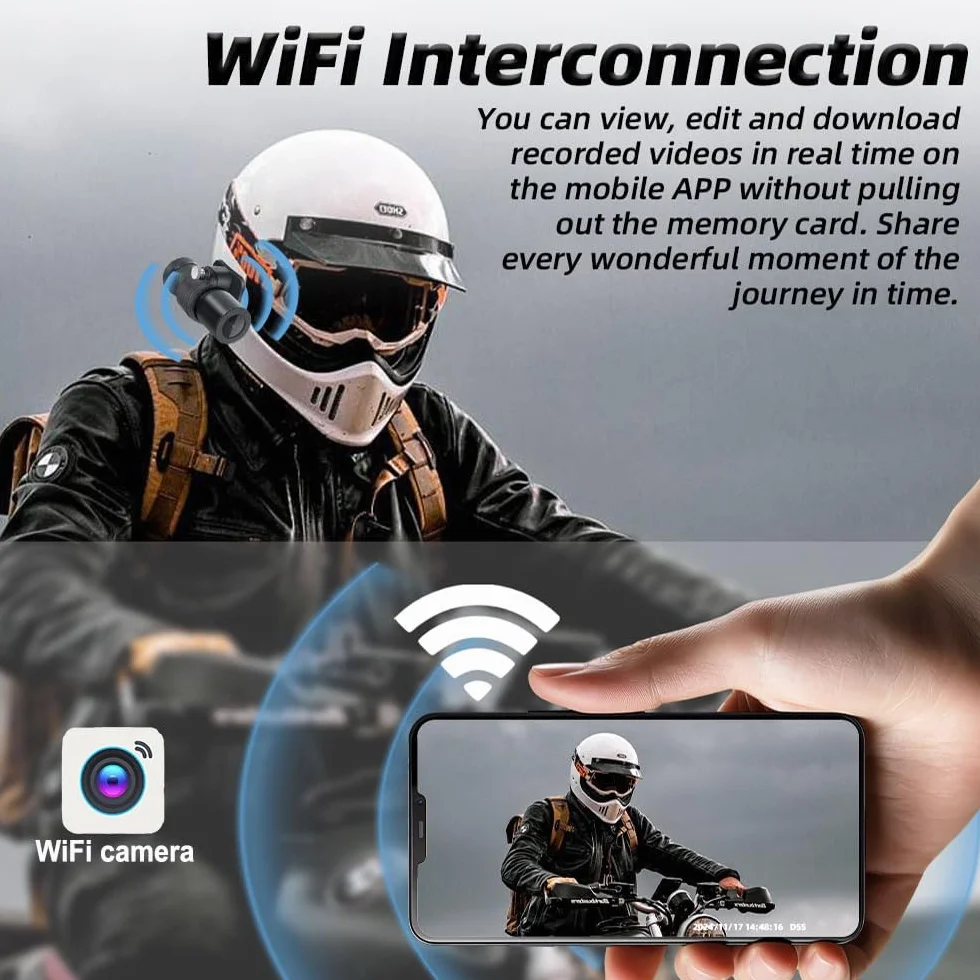 Telecamera portatile WiFi VSYSTO per casco da bici e moto, accensione/spegnimento automatico, lente HD 1080P grandangolare da 150° con visione notturna, action camera, sensore G, registrazione in loop
