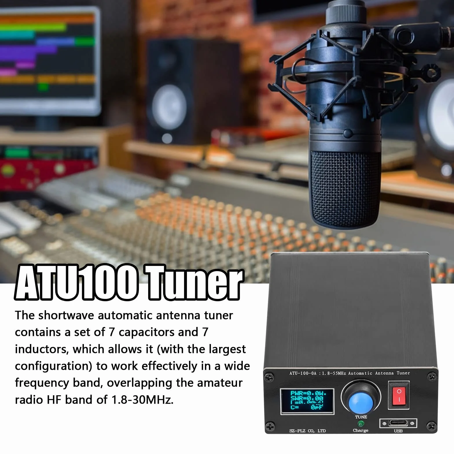 ATU-100-0A 1,8-55 Mini sintonizzatore automatico per antenna da 0,91 pollici, display OLED in lega di alluminio, alloggiamento esterno con batteria da 1800 mAh