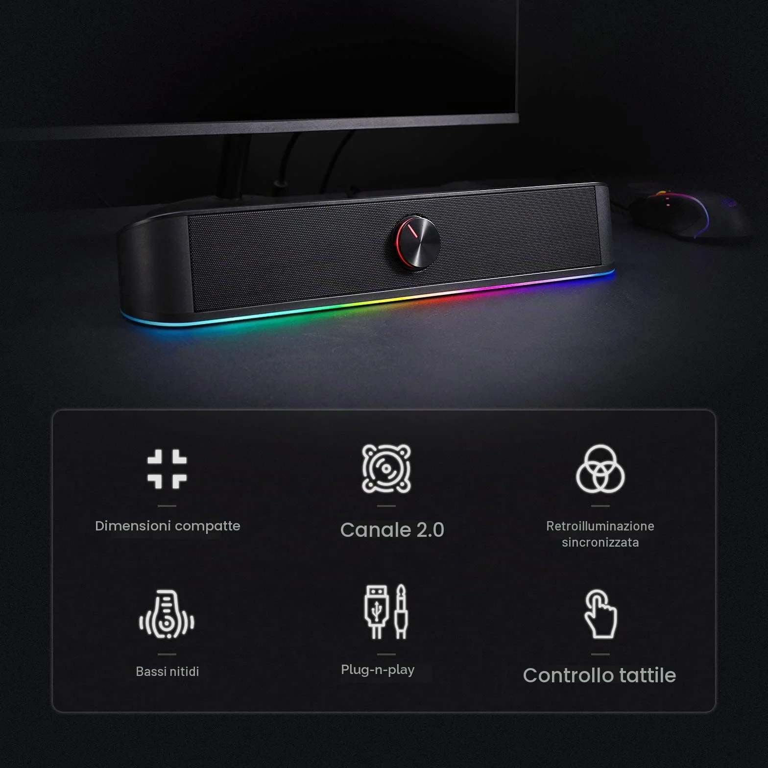 Redragon GS560 Adiemus RGB Desktop Soundbar, Altoparlante per computer a 2.0 canali con barra di illuminazione dinamica, sincronizzazione audio/luce, retroilluminato con controllo touch con manopola