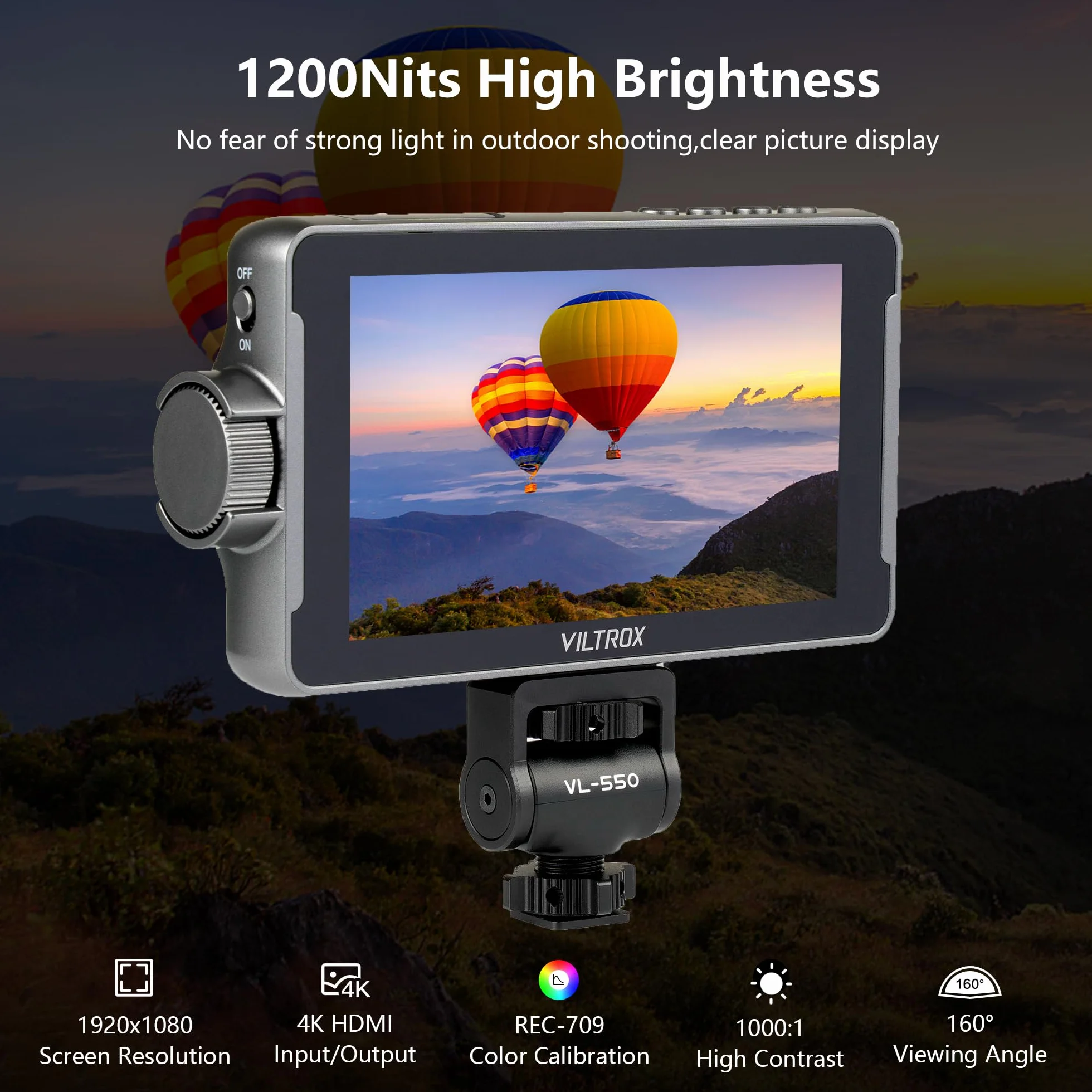 VILTROX DC-550 Touchscreen Monitor da Campo per Fotocamera 1200nit Alto luminoso 5,5" 3D LUT Camera Field Monitor DSLR con Cappuccio Solare/Batteria, 1920x1080 IPS con 4K HDMI Input Output