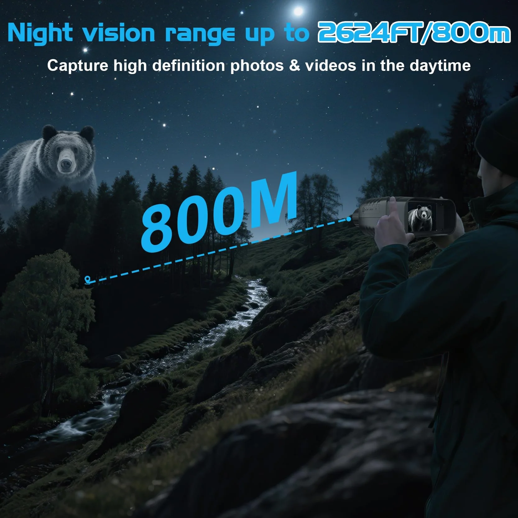 Visore Notturna, 2.8"HD Display, 10X Digitale Zoom 7-Livelli Infrarossi, 800M Visione con Batteria Ricaricabile da 2000mAh, Con per la Caccia, Birdwatching, Campeggio
