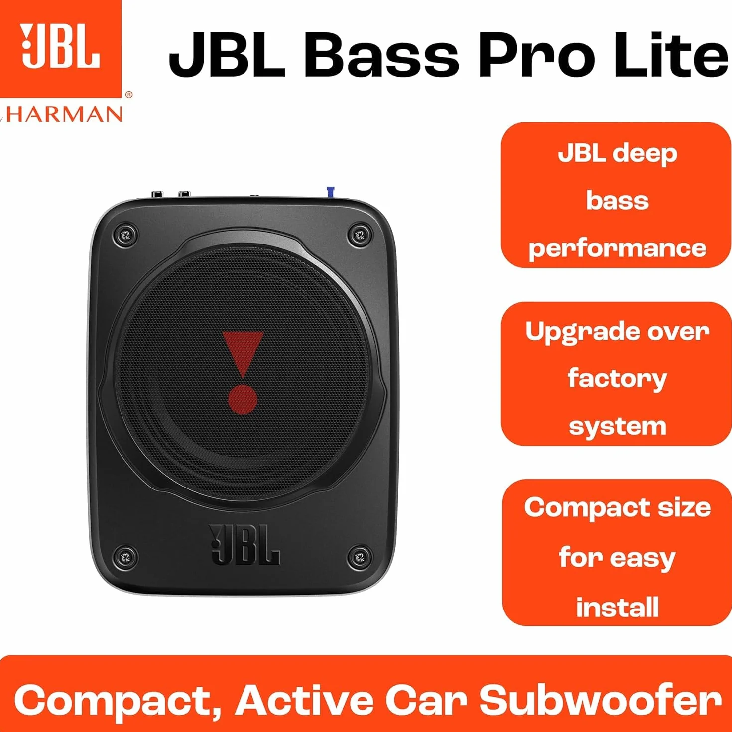 JBL BassPro Lite: Subwoofer Attivo Auto Ultra-Compatto con Amplificatore Integrato da 100 watt, Subwoofer Auto Amplificato sottosedile, Cabinet in Alluminio, Facile installazione e compatibilità