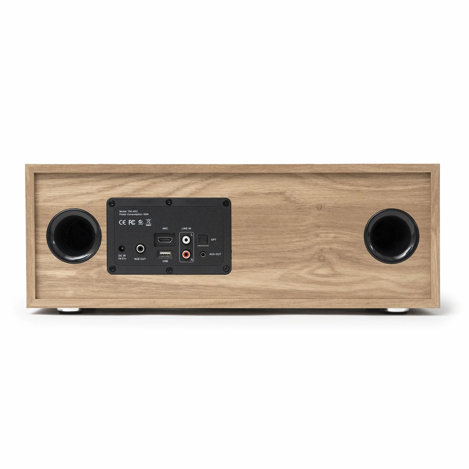 VULKKANO T50 ARC Cassa Amplificata con 50W di Potenza, Woofer da 4" a Doppio Tubo, Bluetooth 5.0, HDMI ARC, Optica, RCA, USB, Telecomando Altoparlante da tavolo, TV o Scaffale, Colore Brown