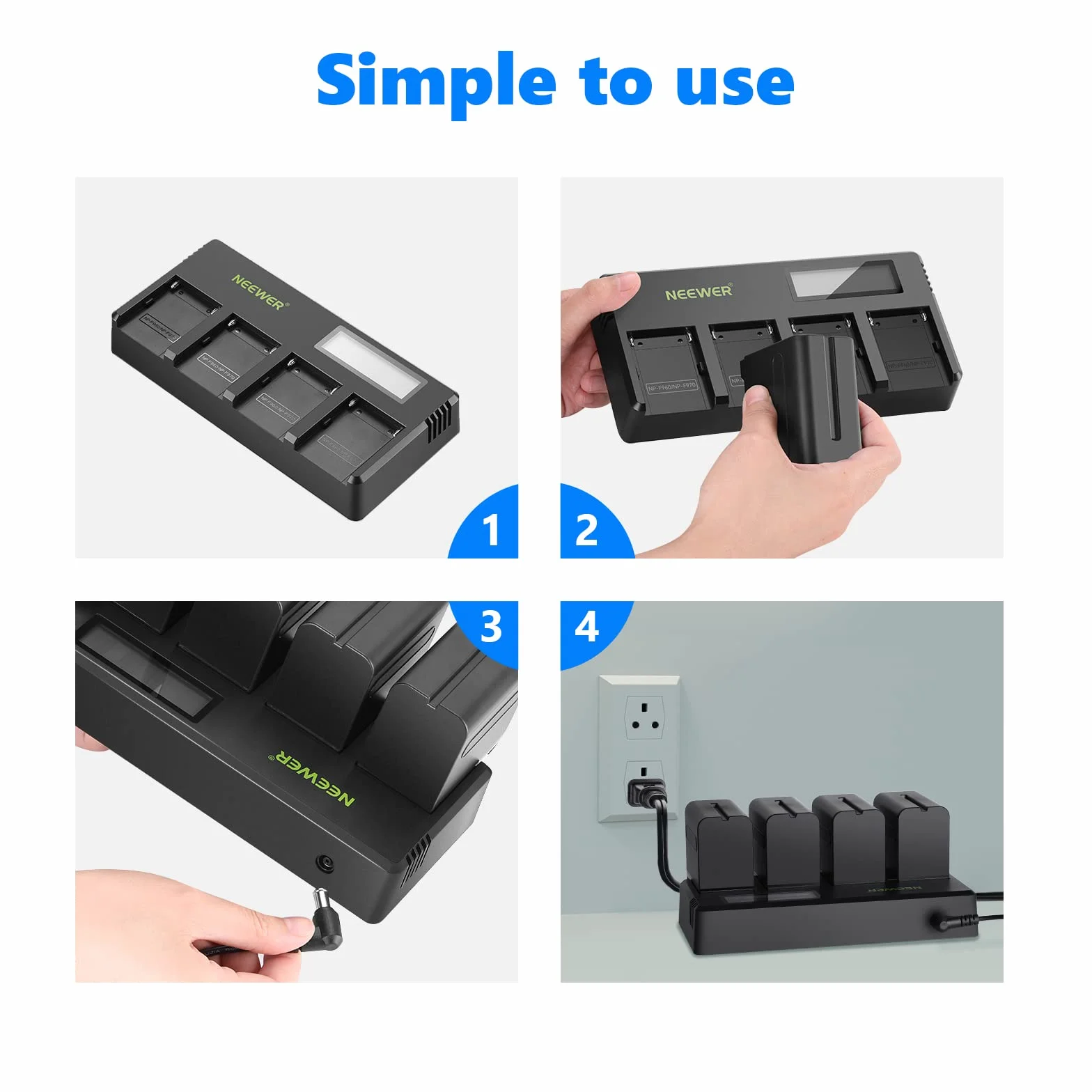 NEEWER 4pz Batteria Sostitutiva 7,4V 6600mAh NP-F970 con Caricatore a 4 Canali&Adattatore d' Alimentazione, Compatibile con NP-F550/750/770/970 FM500H QM71D QM91D, Monitor da Campo&Luce Video