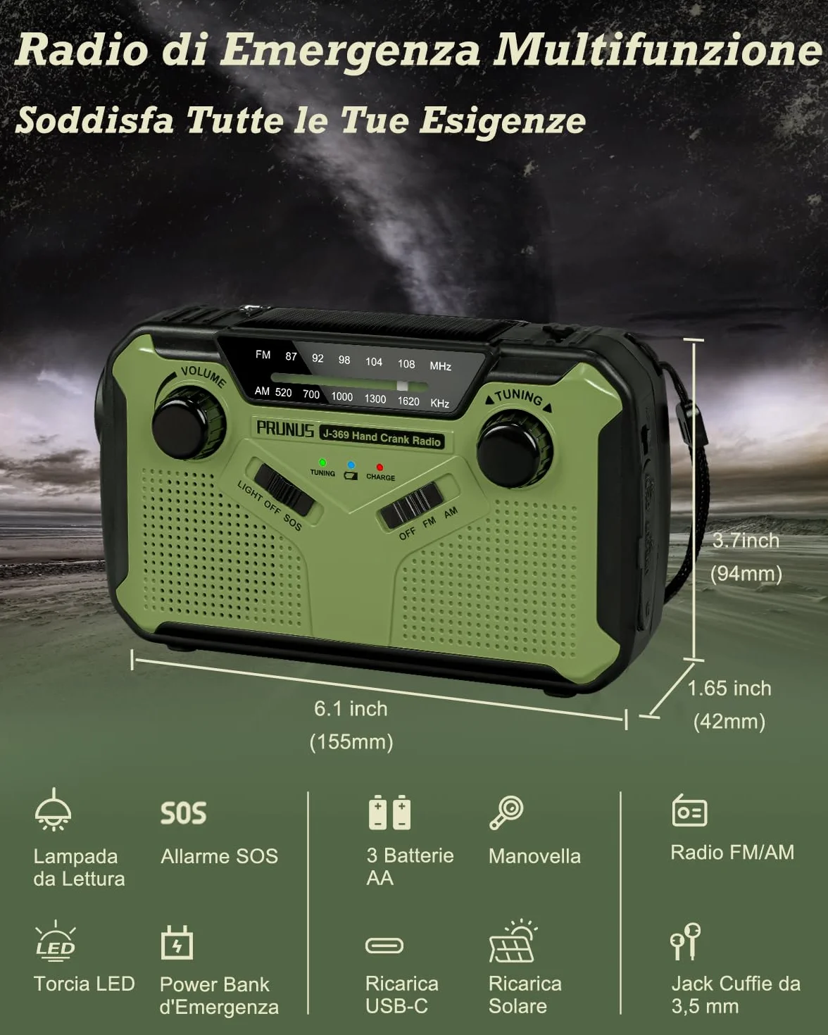 PRUNUS J-369 Radio Portatile Emergenza FM/AM, Radiolina a Manovella Dinamo, Solare con Batteria 3000 mAh, Allarme SOS, Torcia, Verde