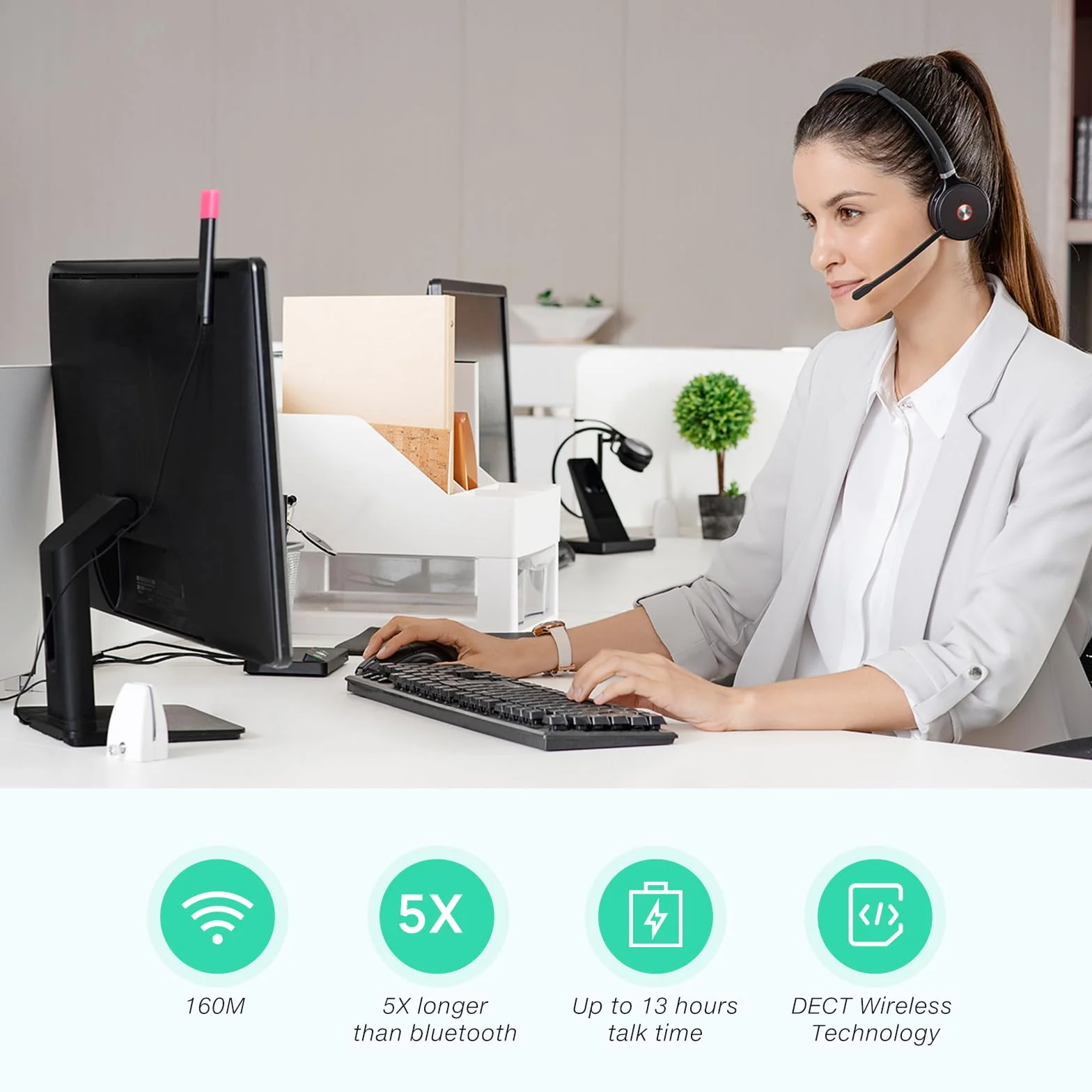 Yealink WH62 Cuffie cordless DECT certificate Teams, Cuffie da ufficio monoauricolare per telefono fisso e softphone per computer, Microfono con cancellazione del rumore, Autonomia in conversazione 13