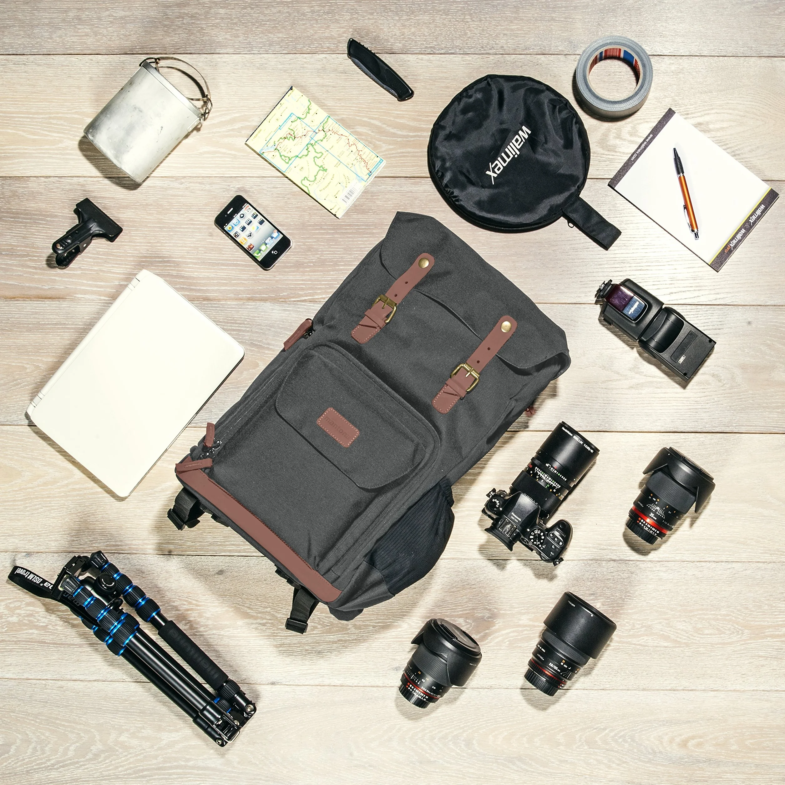 Mantona Luis Retro Zaino fotografico verde, per fotocamera con copertura antipioggia, borsa fotografica con scomparto per laptop, DSLR, 3 obiettivi e accessori fotografici