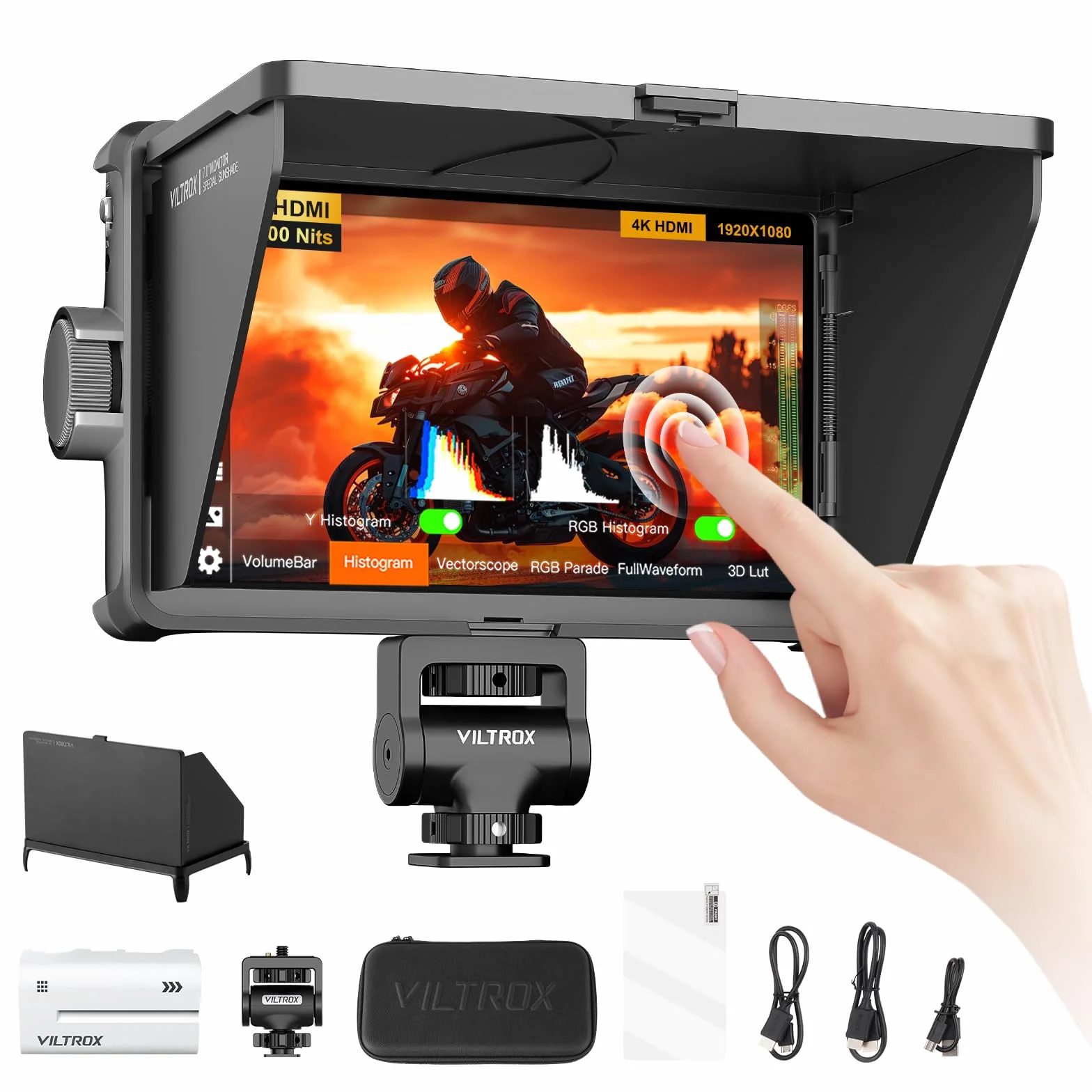 VILTROX DC-A1 Monitor da Campo per Fotocamera Schermo Tattile Esterno Camera Monitor 2800Nits Ad Alta Luminosità 7 Pollici 1920x1080 3D LUT con Ventola,Batteria,Parasole per Sony Canon Nikon Fuji DSLR