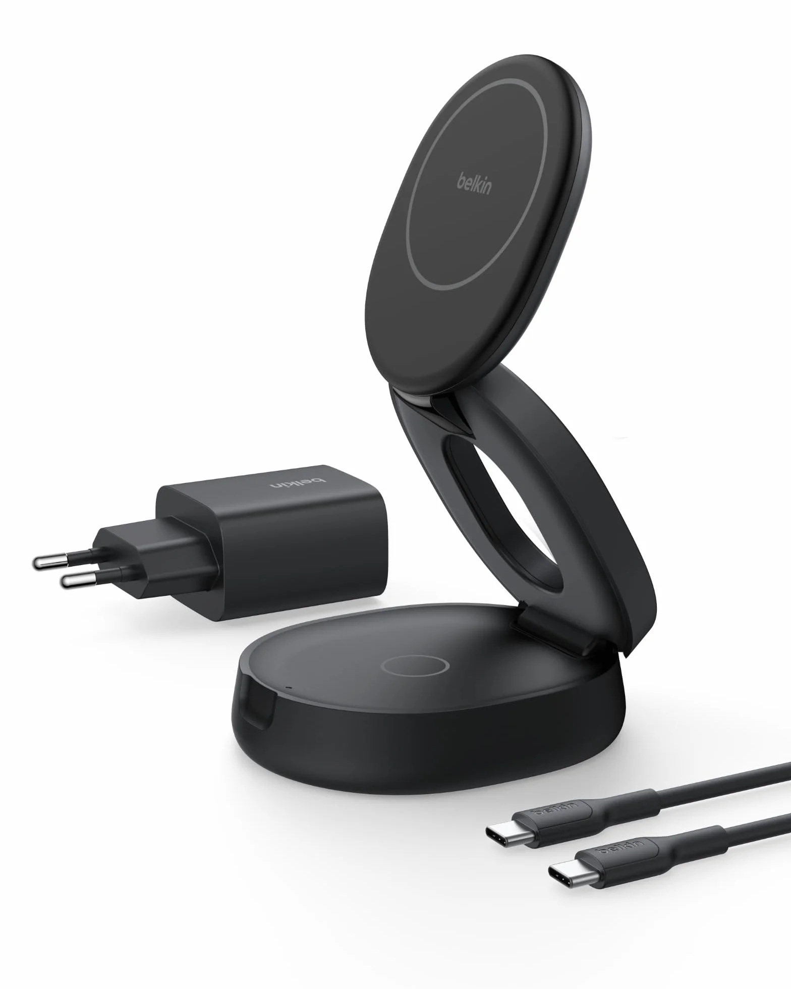 Belkin 2 in 1 Caricatore Wireless, Stazione di Ricarica Wireless 15 W, Caricatore Qi2 con MagSafe per iPhone 16 e AirPods, base piena antiscivolo, alimentatore da 30W - Nero