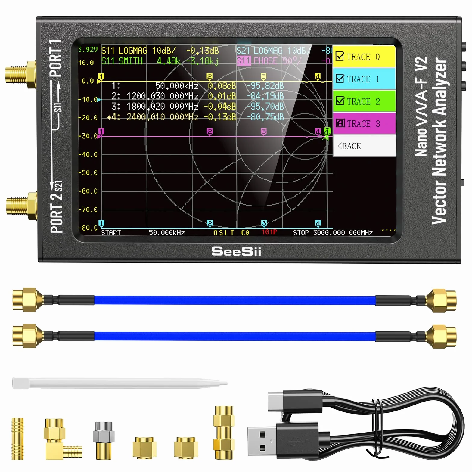 Seesii Analizzatore di Rete Vettoriale NanoVNA-F V2, Analizzatore Antenna Aggiornato 50kHz-3000MHz HF/VHF/UHF/VNA con Schermo da 4,3'' per, Misura S-Parameter Tensione SWR Fase Ritardo Smith Chart
