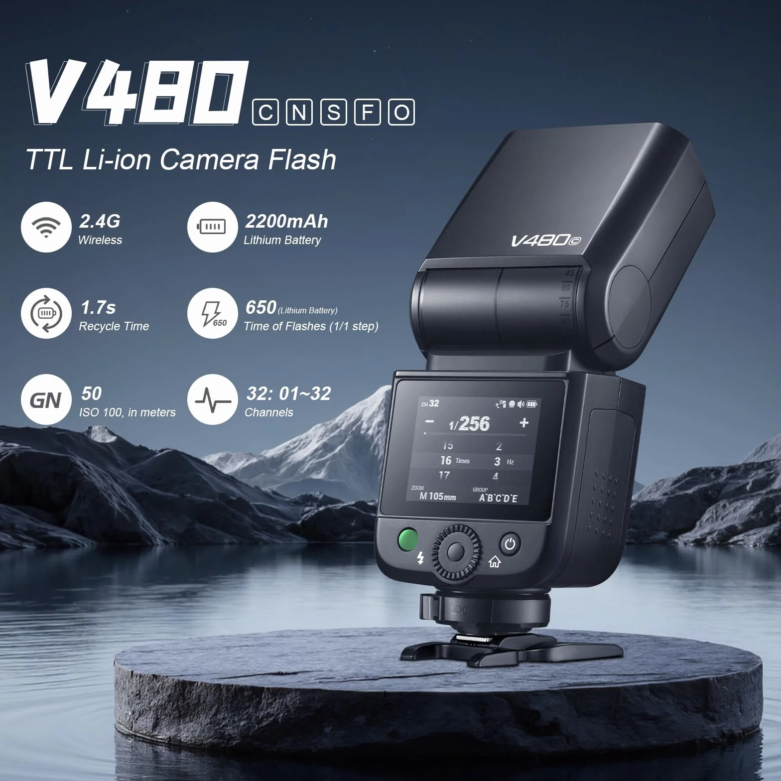 Godox V480C V480-C Flash per Fotocamera Camera Flash 7,2 V/2200mAh TTL GN50 650 Flash a Piena Potenza per Canon R6 Mark II R10 R7 R100 EOS-R R5 Mark II R6 RP R8 M50 600D 90D 700D 750D