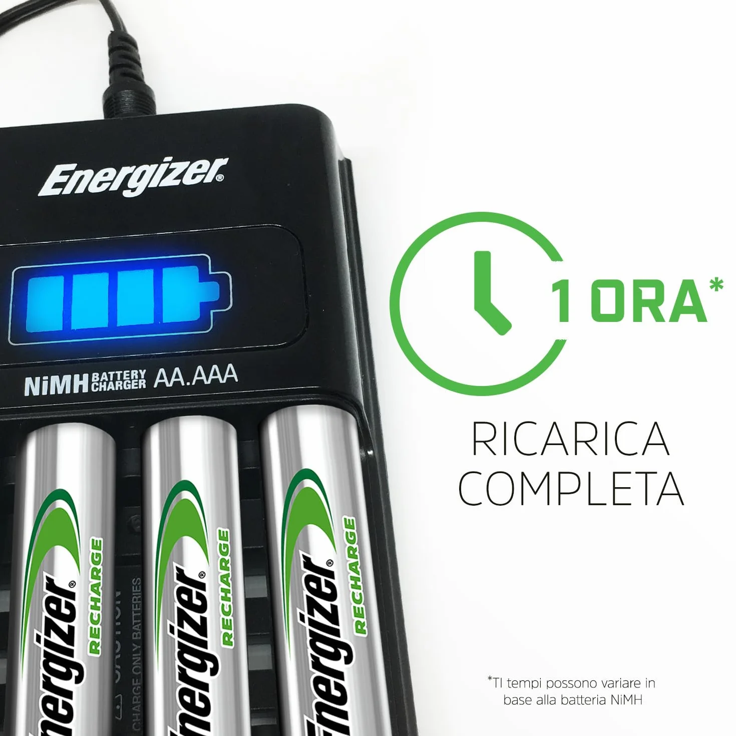 Energizer Carica Batterie Ricaricabili AA e AAA NiMH - Include 4 Pile AA 2300 mAh - la ricarica completa in 1 ore - funzioni di spegnimento di sicurezza automatico