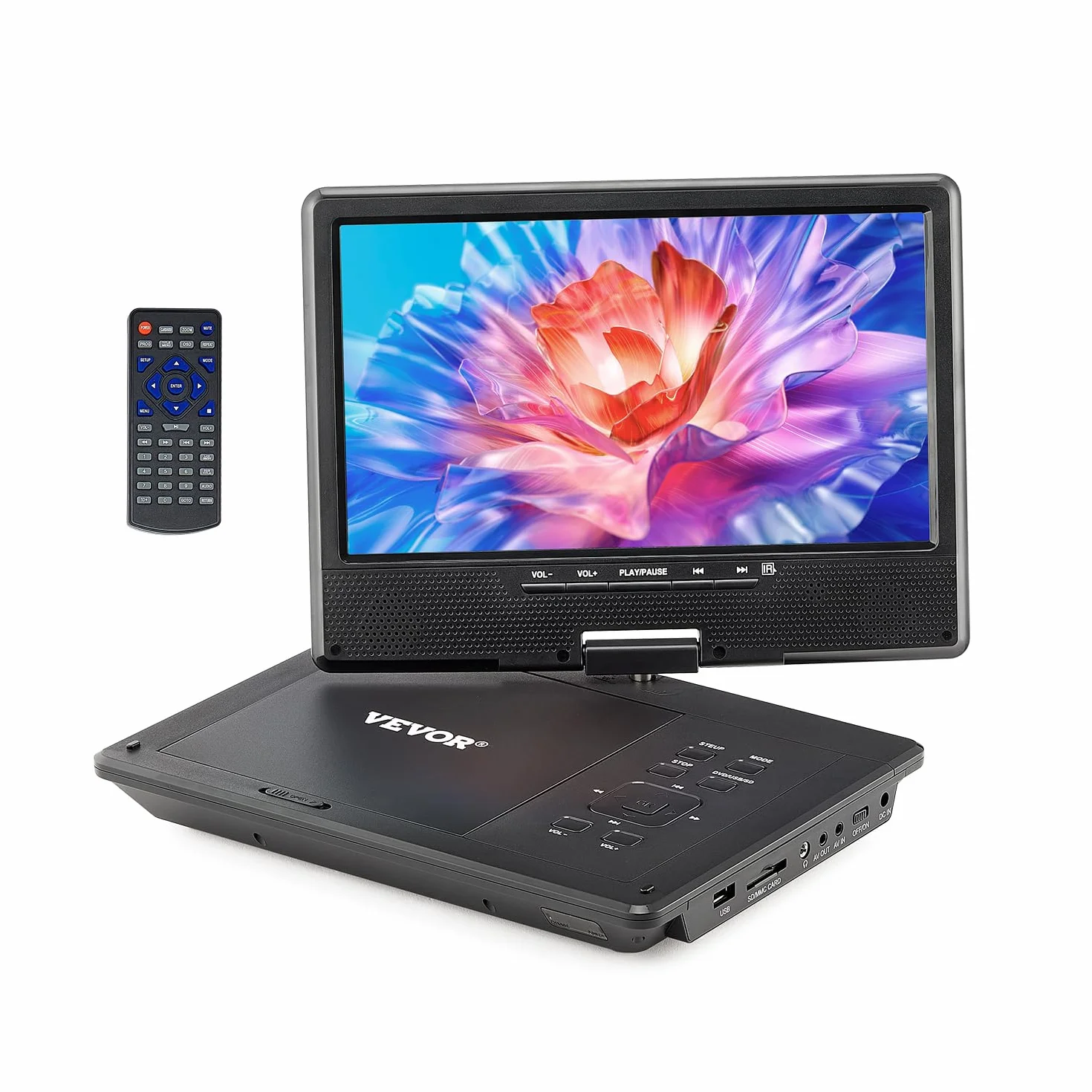 VEVOR Lettore DVD Portatile con Schermo Girevole 228 mm, Lettore DVD da Viaggio con Altoparlante Doppio, Supporto Sincronizzazione TV/USB/Scheda SD/CD/DVD, Caricabatteria da Auto