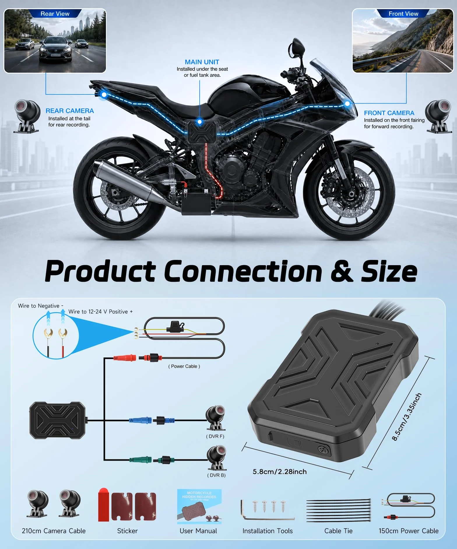 Rimoody Dashcam Moto 1080P Miniaturizzata - Telecamera Anteriore/Posteriore con Rilevamento Collisioni, Registrazione a Ciclo, Modalità Parcheggio, WiFi, per Motocicletta