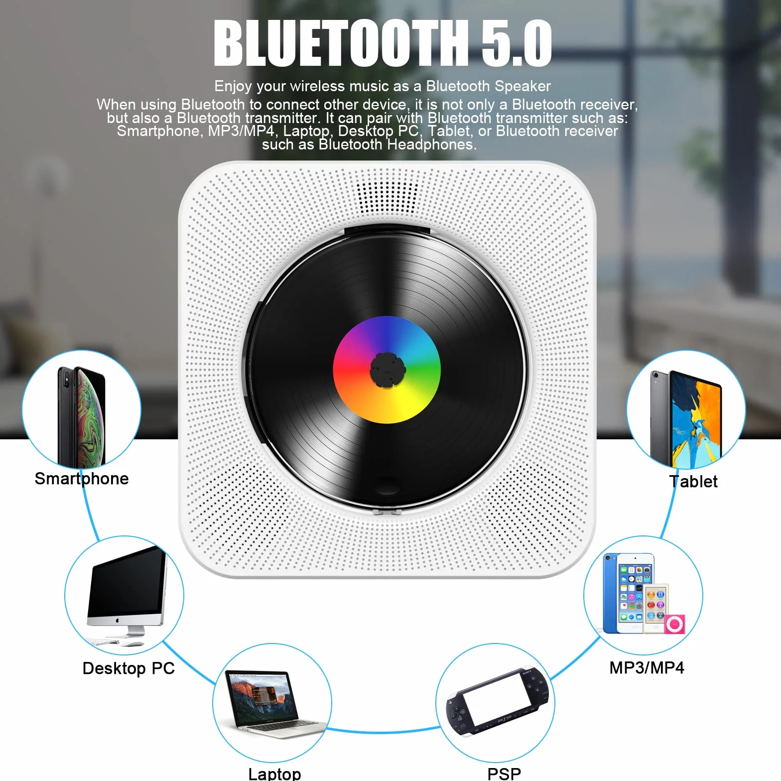 Lettore CD Desktop Bluetooth Gueray Montabile a Parete Altoparlanti HiFi Display LED Radio FM USB MP3 Tipo C (Bianco)
