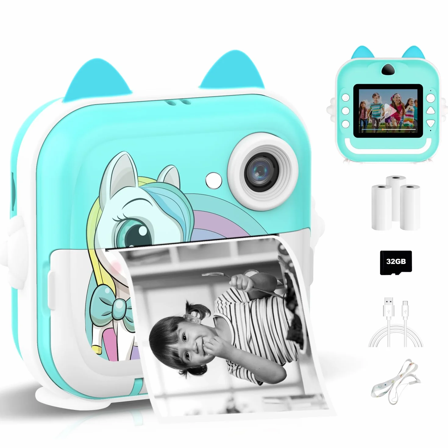 Macchina Fotografica Istantanea per Bambini,2,4 Pollici Digitale Fotocamera Instant Print 1080P HD Videocamera Obiettivo Fotocamera con 32GB Scheda e Carta Fotografica per Stampa，Regalo di Compleanno