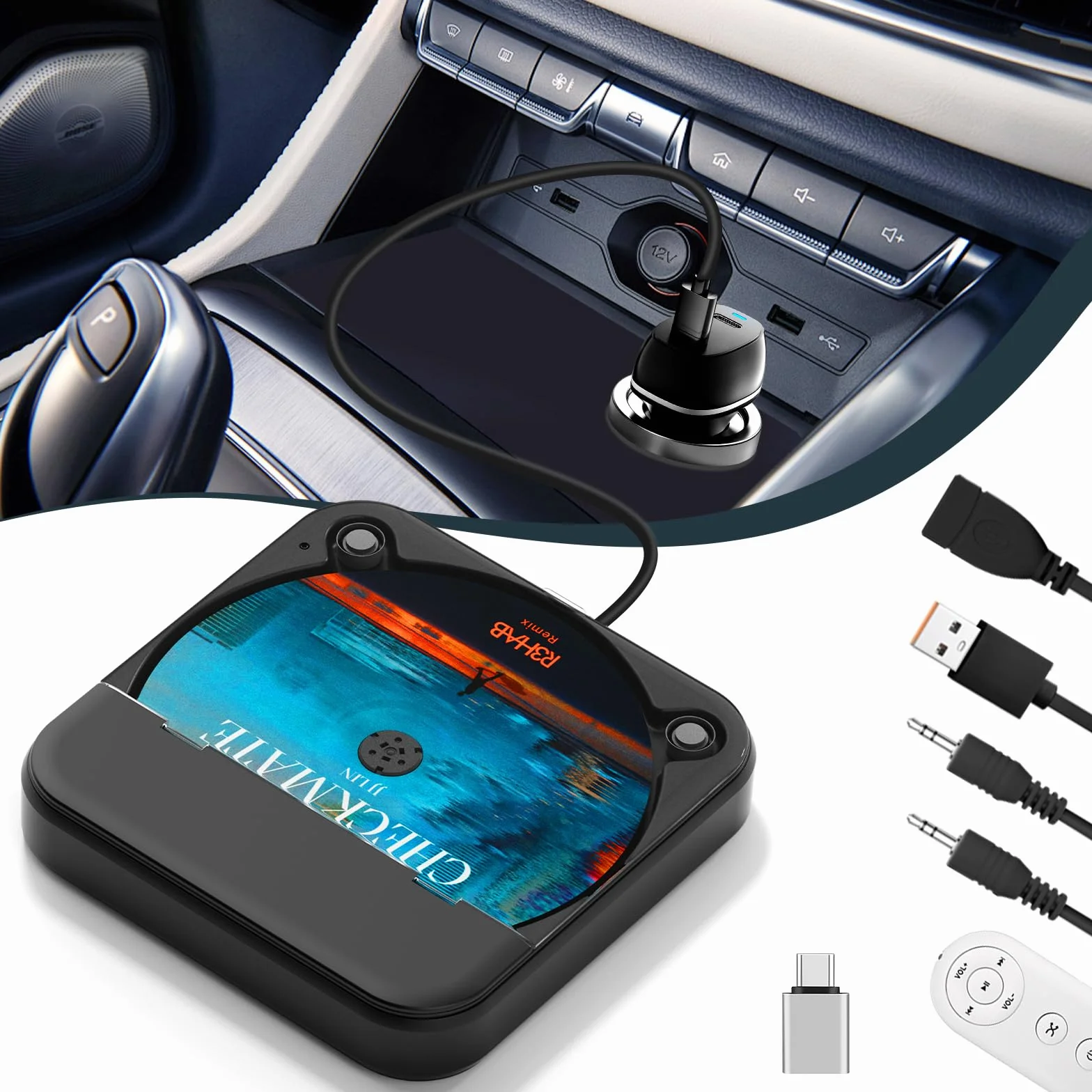 Lettore CD USB portatile per auto, lettore CD portatile con adattatore USB-C e cavo di prolunga, lettori CD esterni per auto stereo porta di tipo C, porta AUX, veicolo, camion, laptop, TV