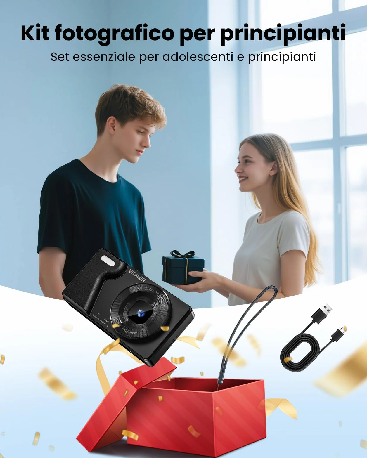 Macchina Fotografica Digitale 64MP 4K con Doppio Obiettivo,Batteria da 2000 mAh,Scocca in Lega di Zinco,Schermo LCD da 2,8",Zoom Digitale 18x per Principianti(Nero,NESSUNA SCHEDA SD)